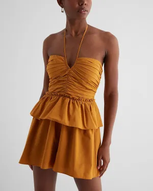 Halter Neck Tiered Pleated Poplin Romper in Mustard Yellow