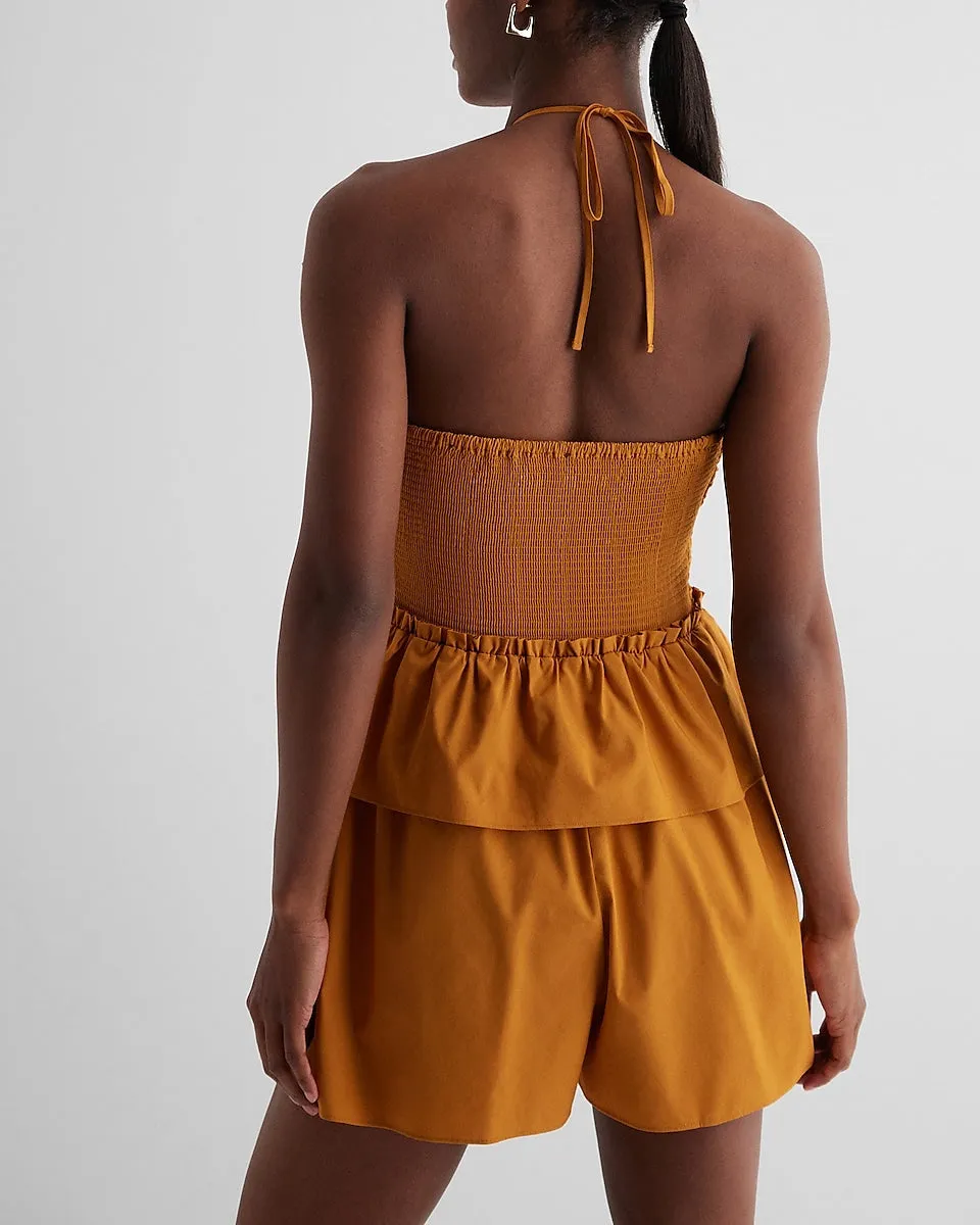 Halter Neck Tiered Pleated Poplin Romper in Mustard Yellow