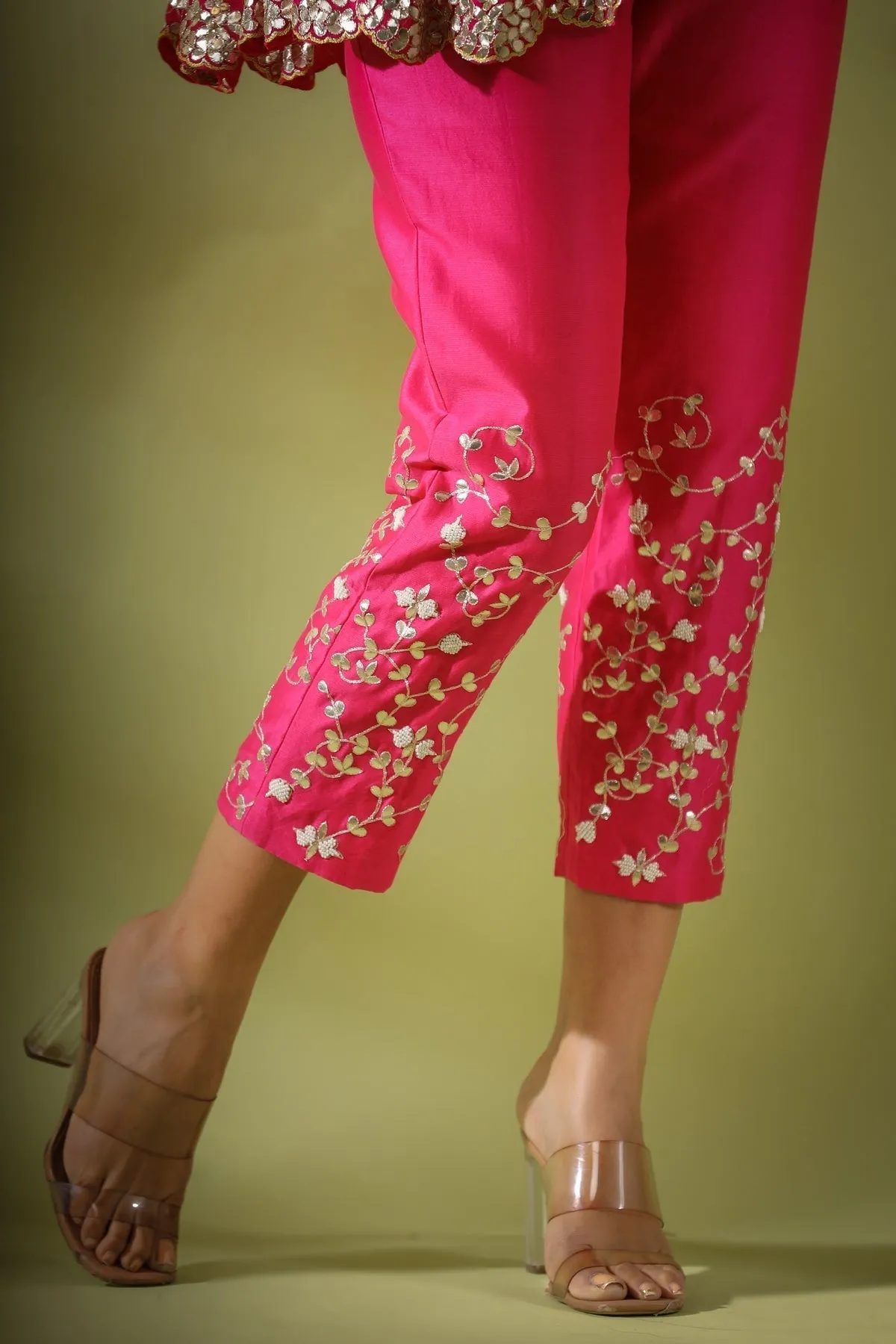 Haseena phool jaal gota patti tunic pants co-ord set in fuchsia