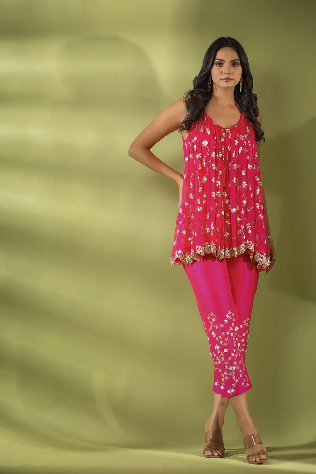 Haseena phool jaal gota patti tunic pants co-ord set in fuchsia