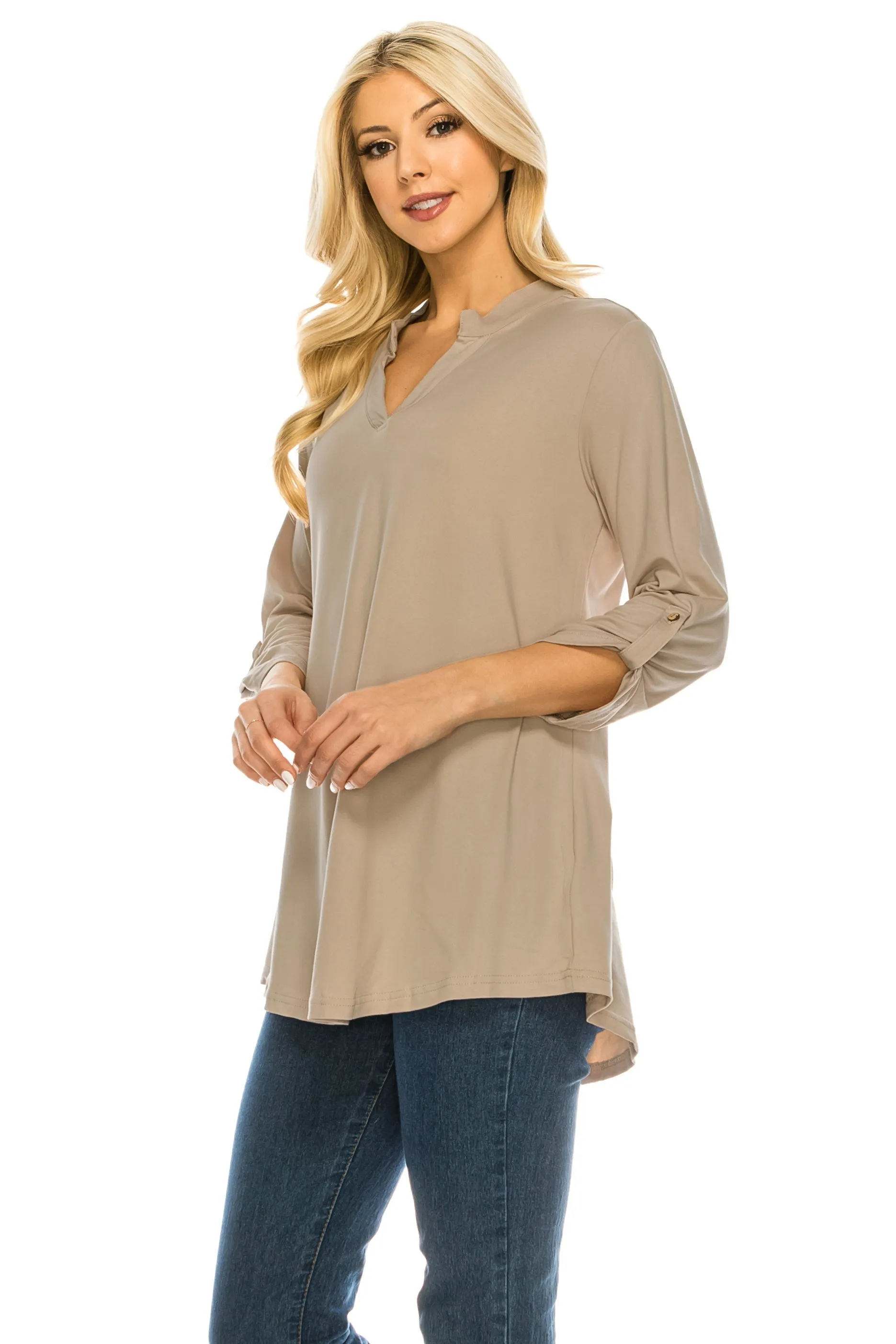 Haute Edition Women's 3/4 Sleeve Tunic Tops S-3X Solid. Plus size available.