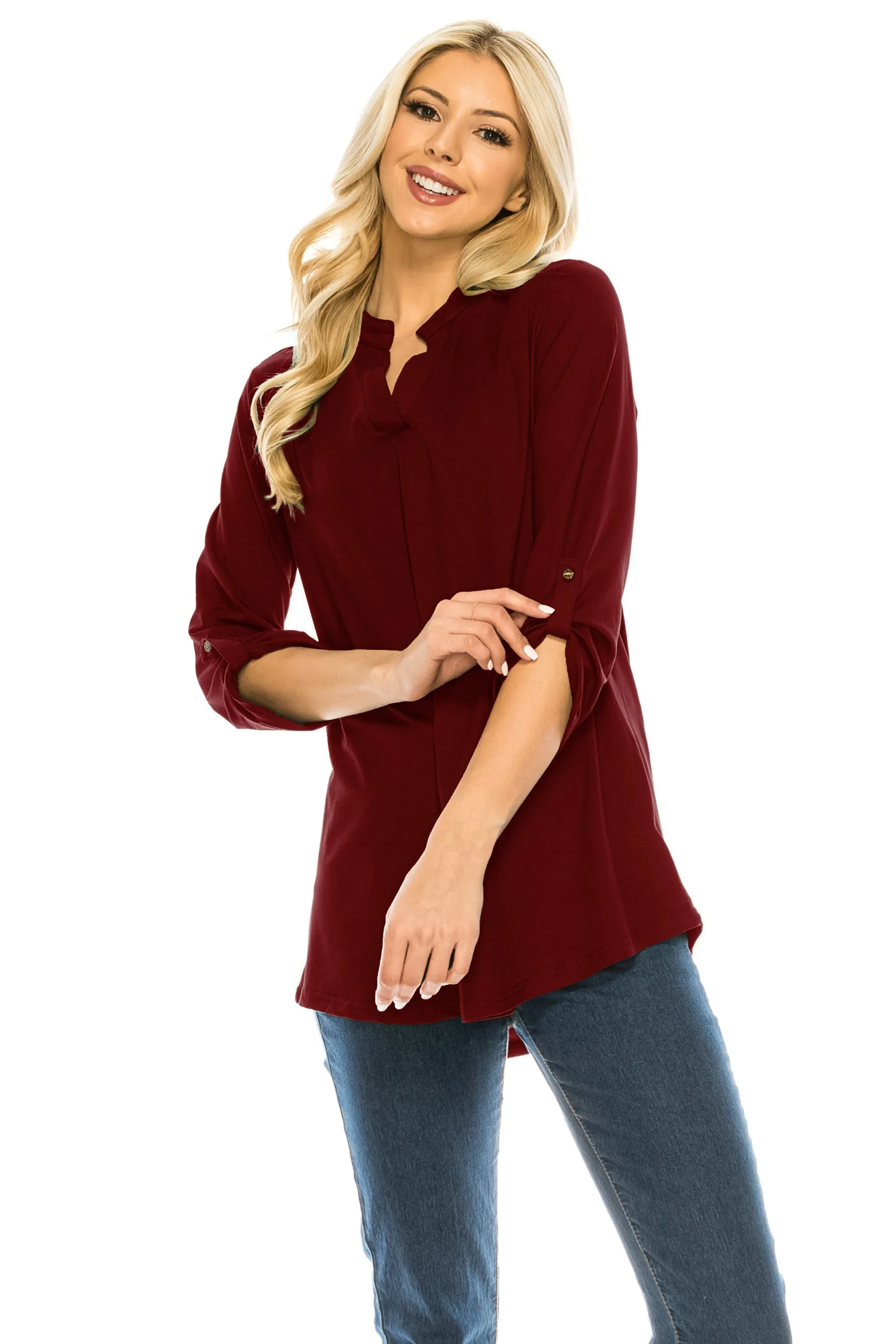 Haute Edition Women's 3/4 Sleeve Tunic Tops S-3X Solid. Plus size available.