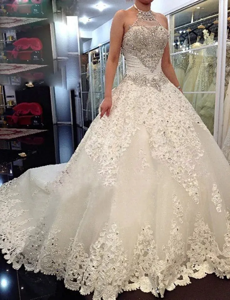 High Neck Beaded Crystal Wedding Gown