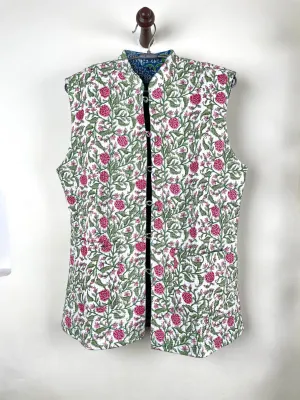 Indian Handmade Quilted Cotton Sleeveless Jacket White & Pink Floral Stylish Women's Vest, Reversible Waistcoat for Her