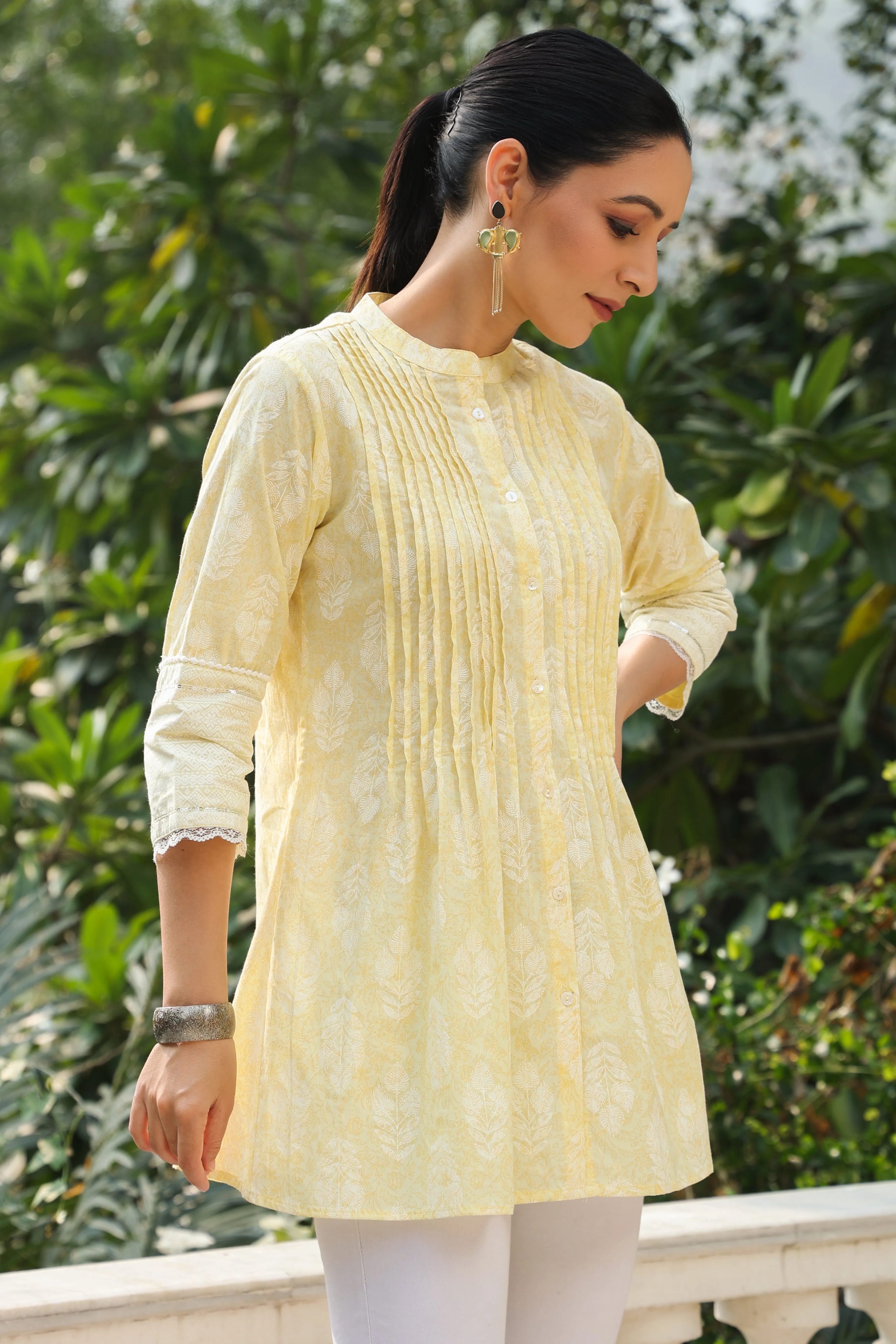 Jashvi Lime Yellow Ethnic Motif Printed Pure Cotton A-Line Tunic With Lace Work