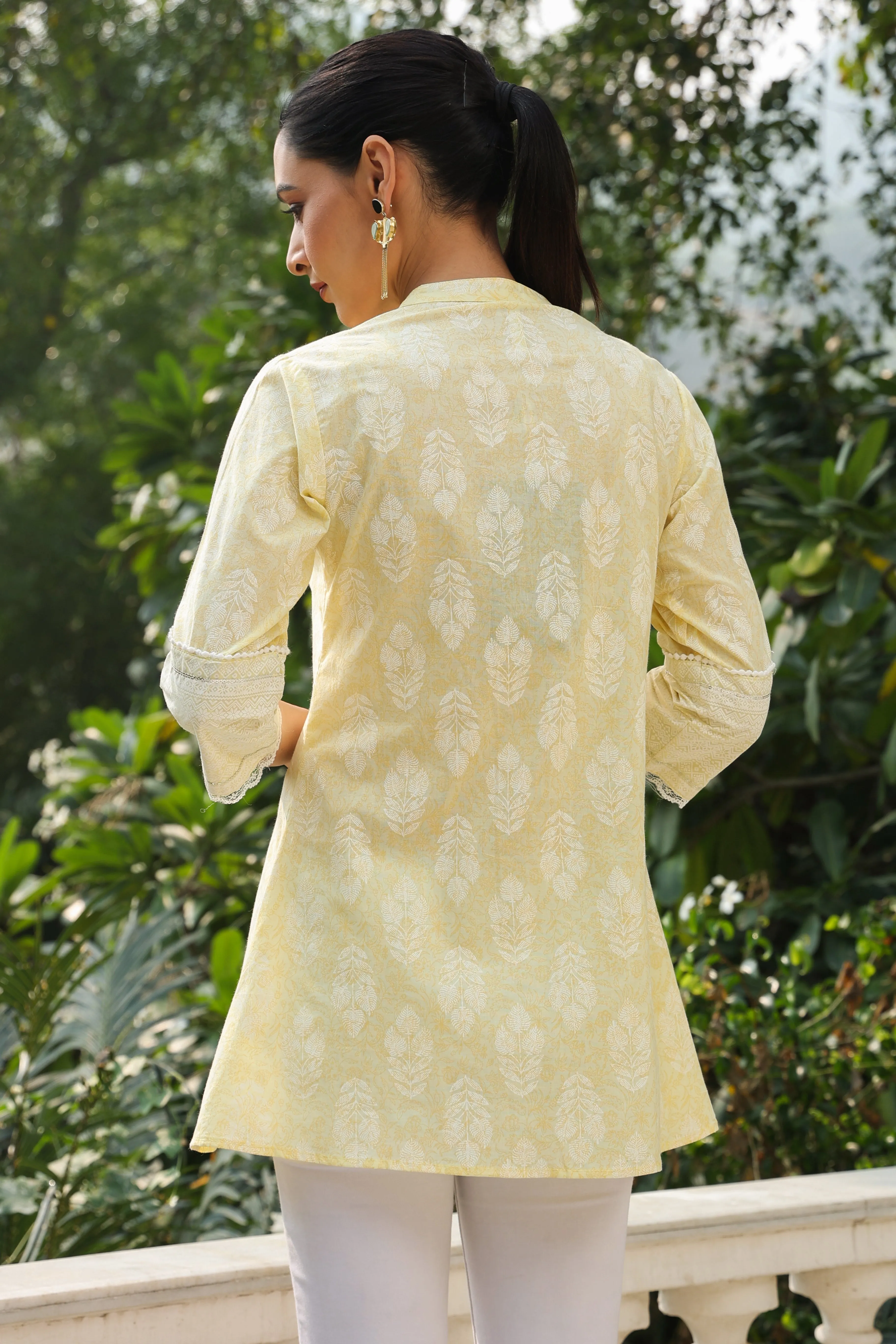 Jashvi Lime Yellow Ethnic Motif Printed Pure Cotton A-Line Tunic With Lace Work