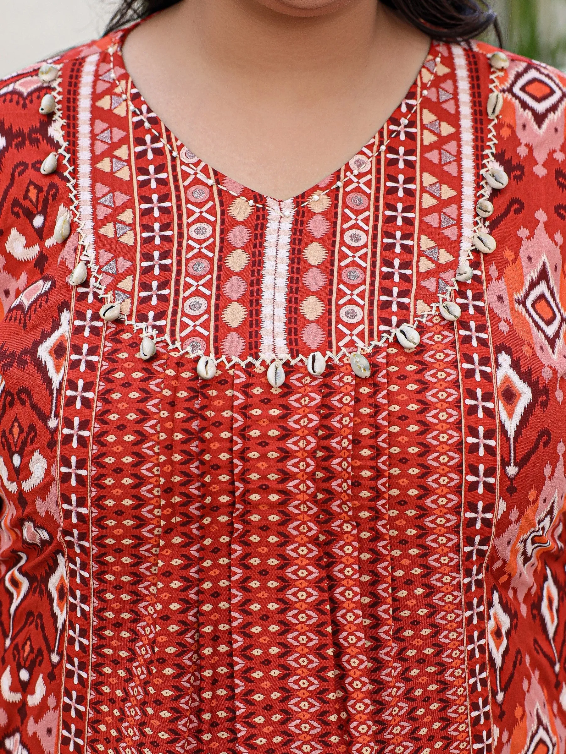 Jashvi Rust Rayon Ikat Printed A-Line Lacy Plus Size Tunic With Pintucks At Works & Beadwork