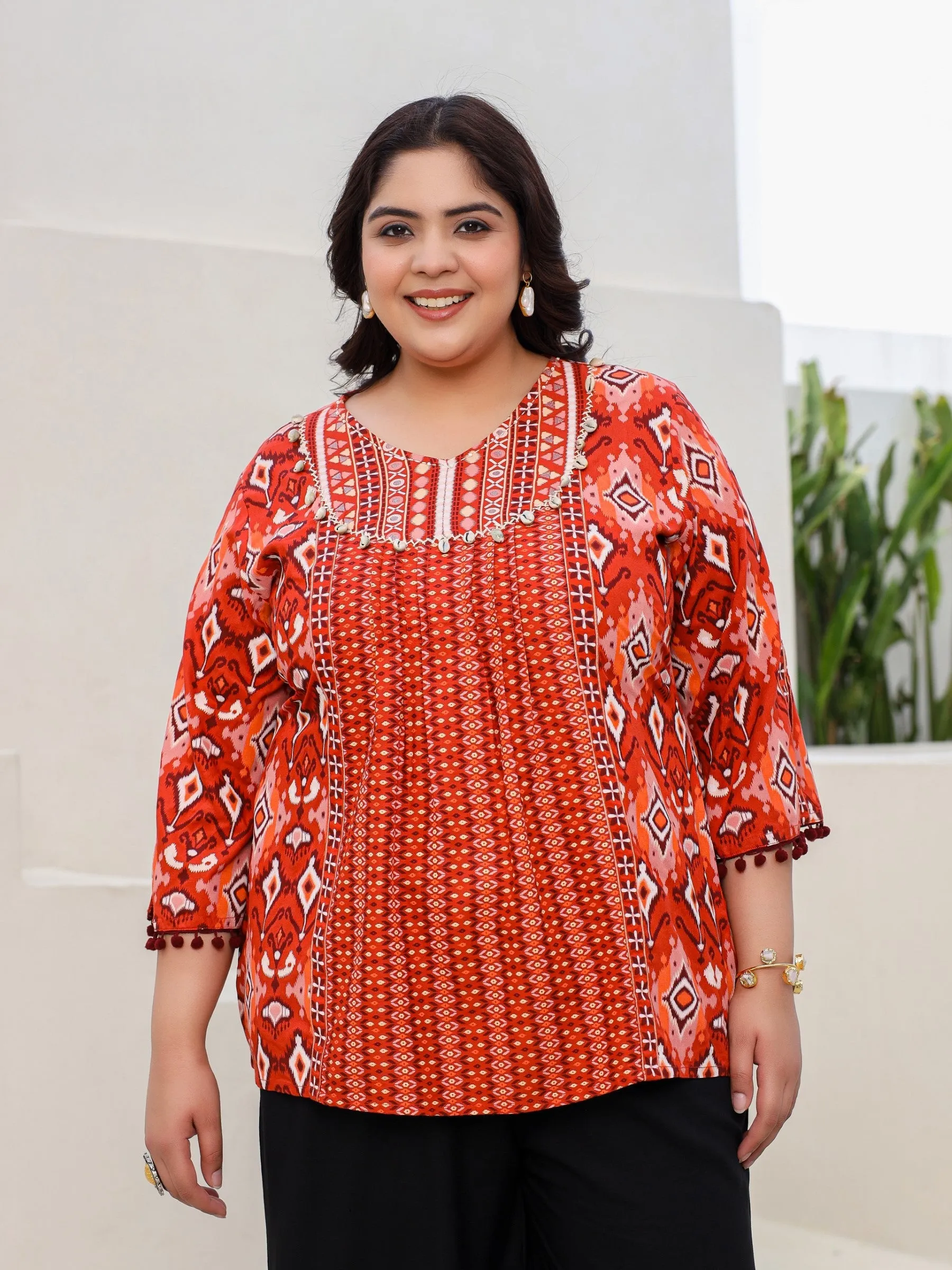 Jashvi Rust Rayon Ikat Printed A-Line Lacy Plus Size Tunic With Pintucks At Works & Beadwork