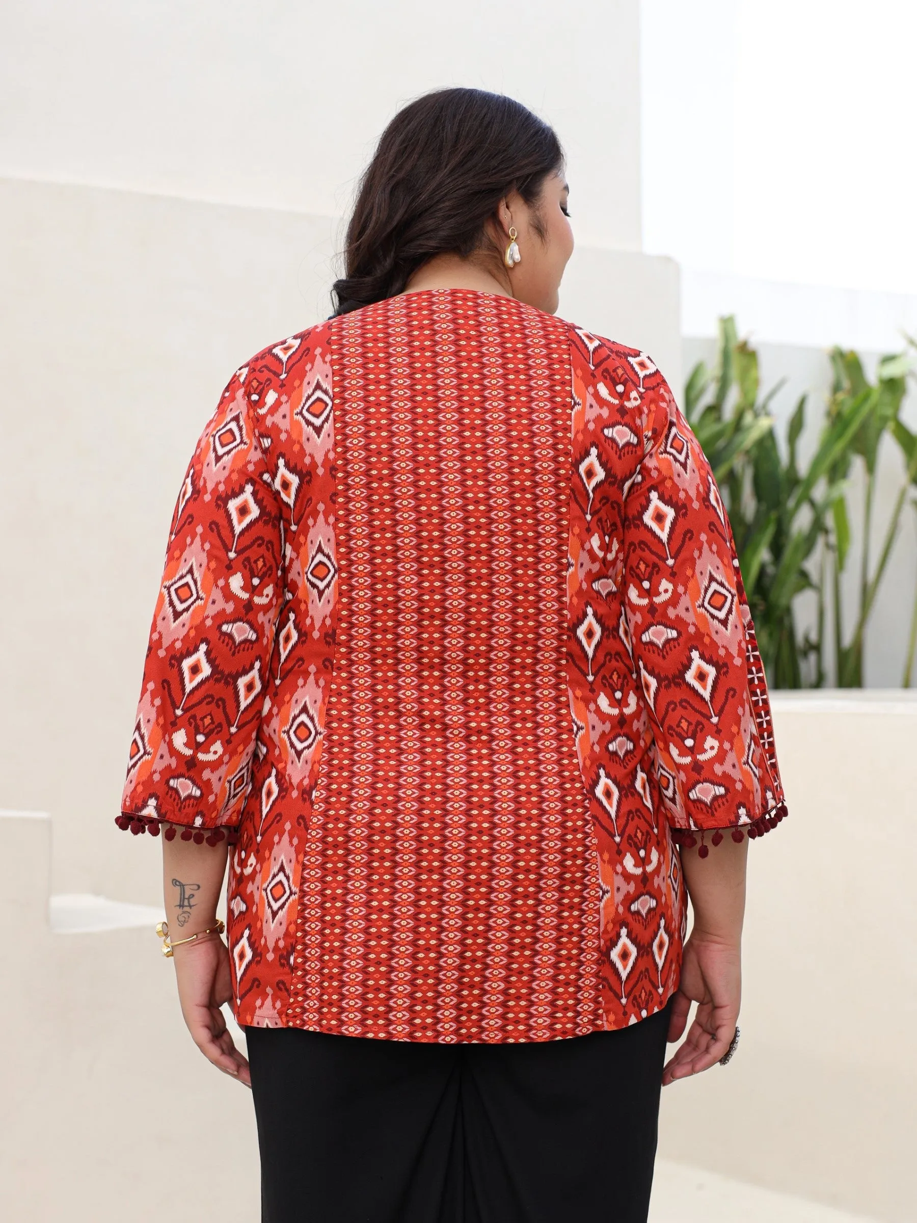 Jashvi Rust Rayon Ikat Printed A-Line Lacy Plus Size Tunic With Pintucks At Works & Beadwork