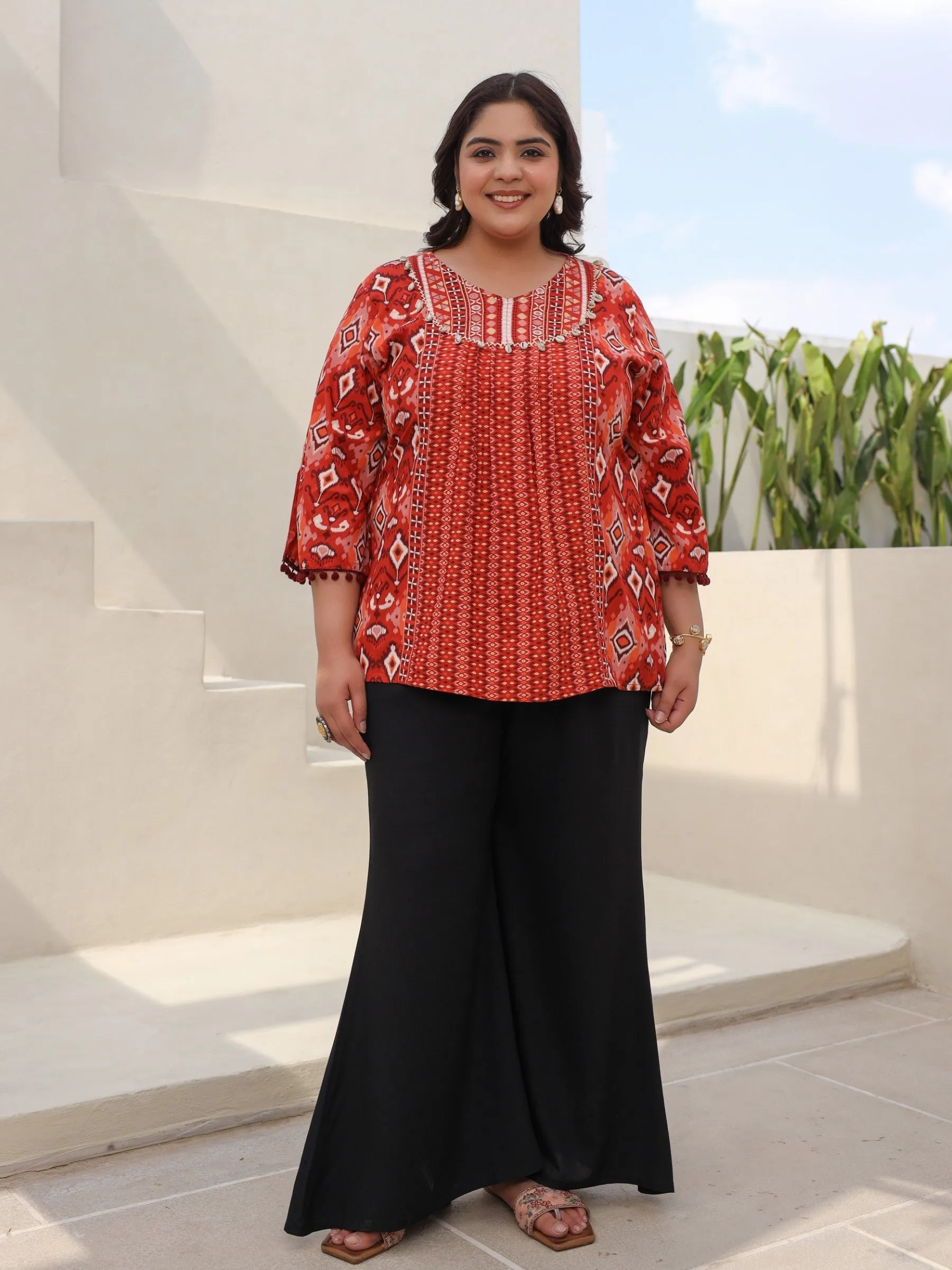 Jashvi Rust Rayon Ikat Printed A-Line Lacy Plus Size Tunic With Pintucks At Works & Beadwork