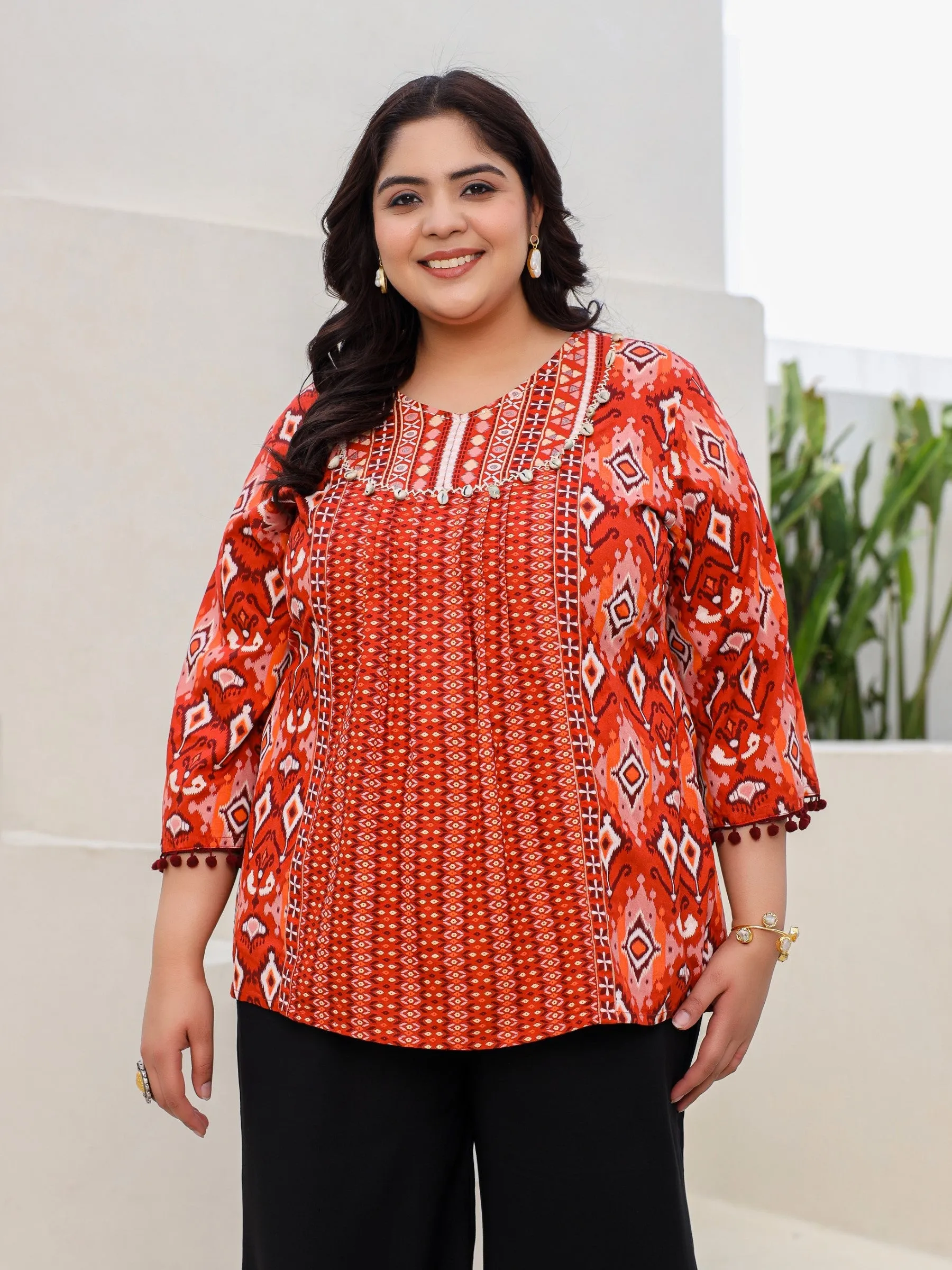 Jashvi Rust Rayon Ikat Printed A-Line Lacy Plus Size Tunic With Pintucks At Works & Beadwork