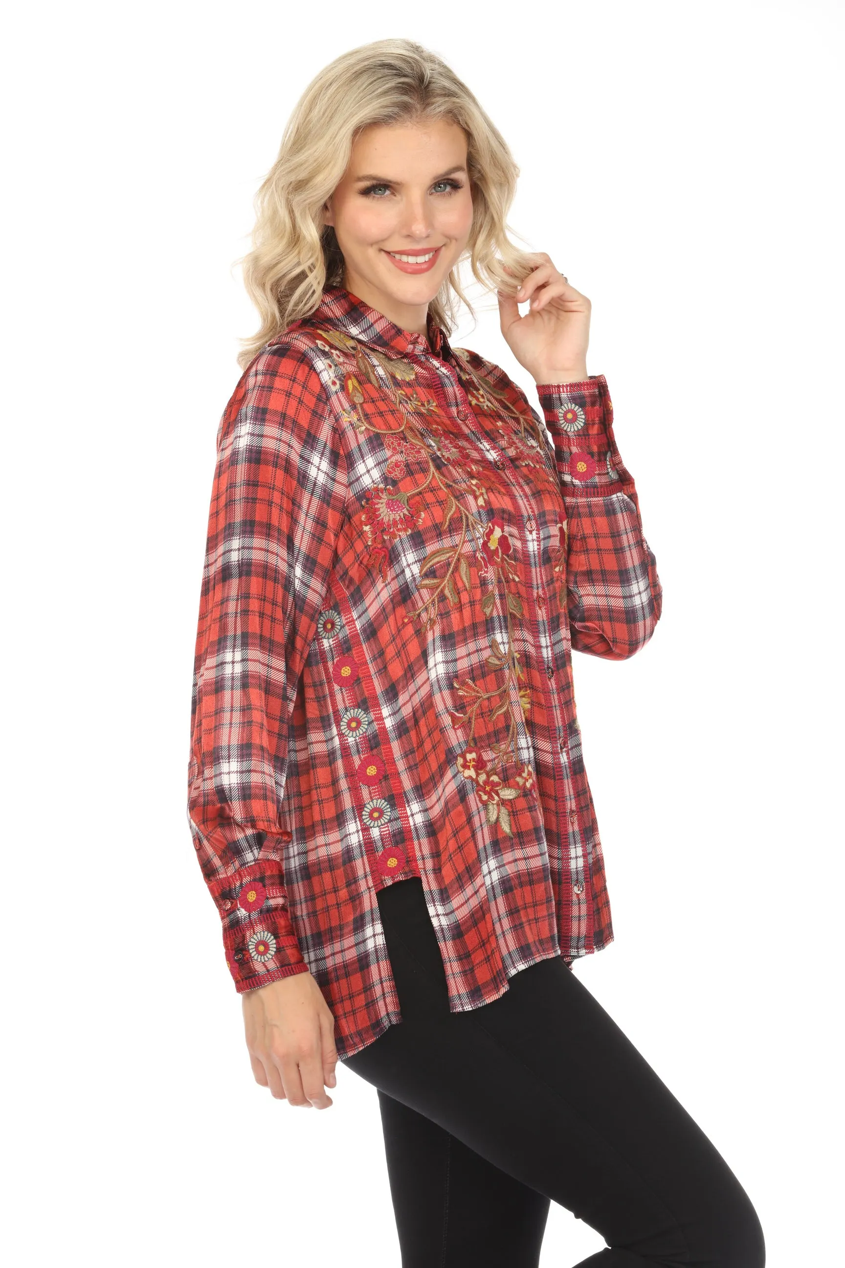 Johnny Was Workshop Plaid Lilith High Slit Tunic Shirt Boho Chic W28323-O