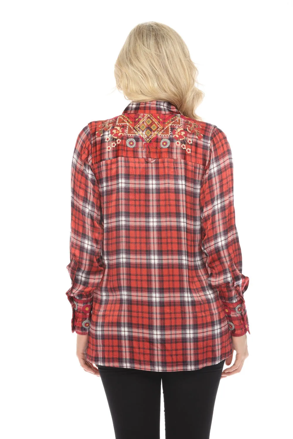 Johnny Was Workshop Plaid Lilith High Slit Tunic Shirt Boho Chic W28323-O