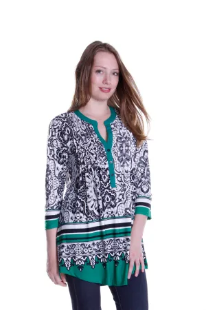 La Cera Pleat Front Printed Tunic Black and Green