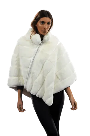 La Fiorentina -  Two Tone Rex Rabbit Poncho with Zipper - White