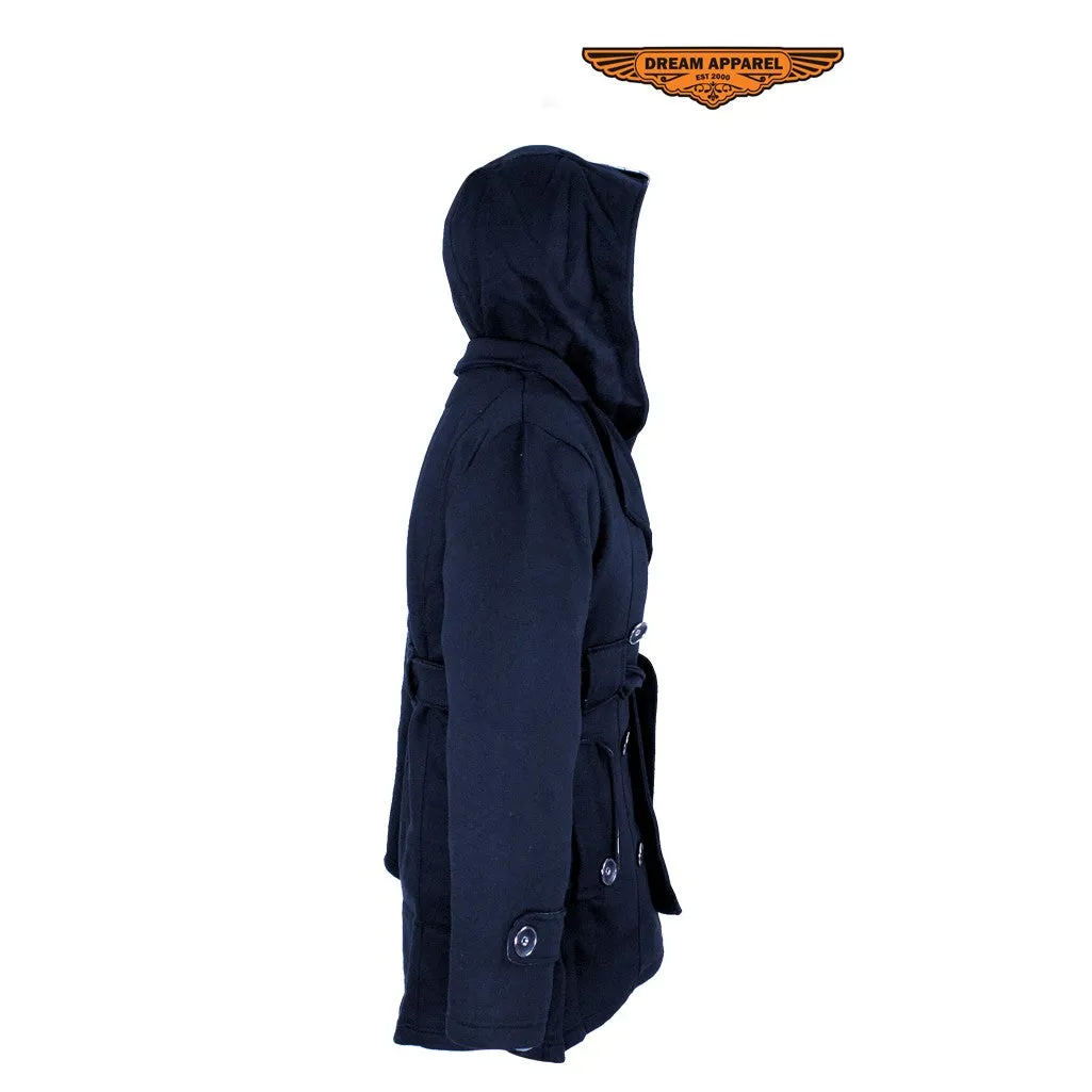 Ladies Black Button Up Coat W/ Belt and Removable Hood