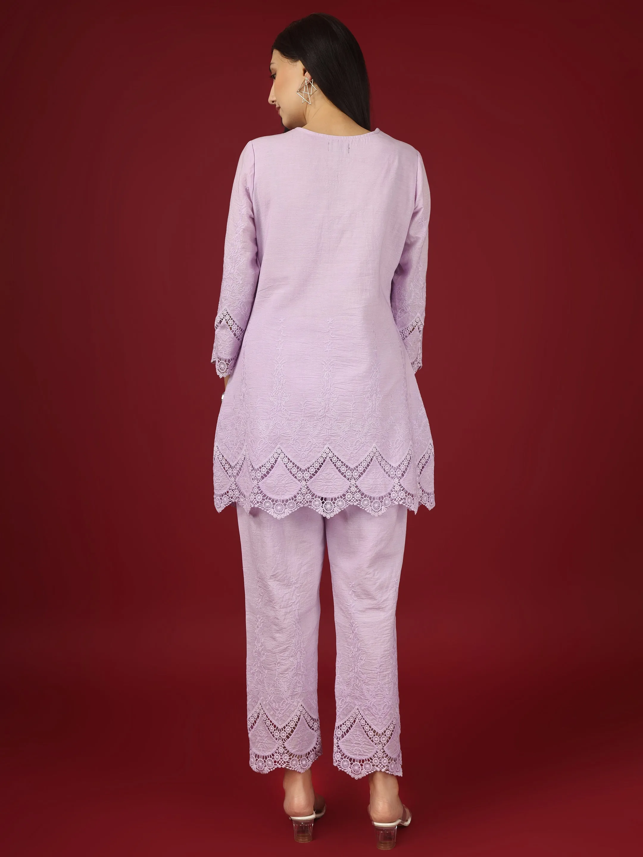 Lavender Embroidered Cotton Kurta with Pants- Set of 2