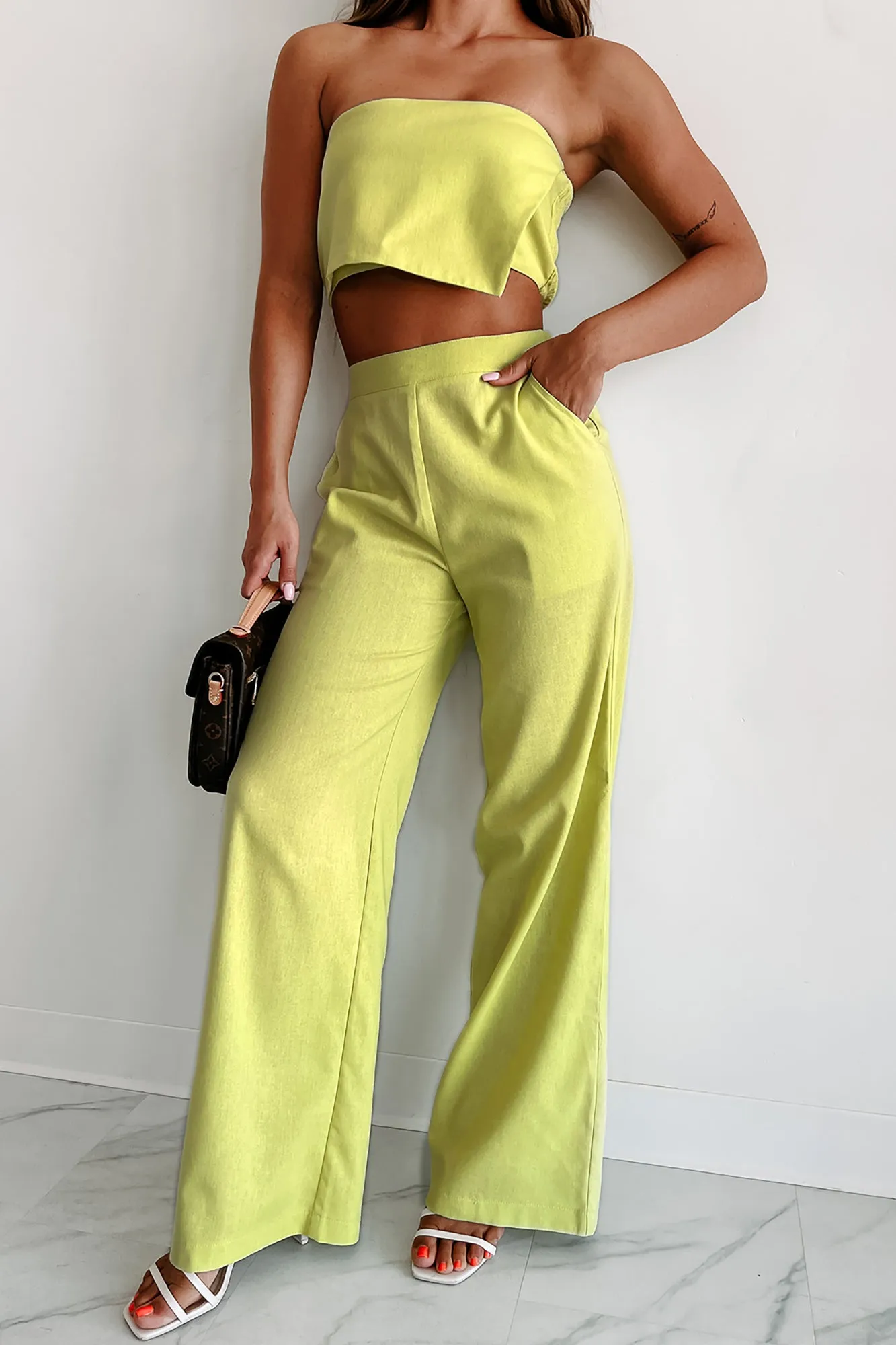 Learn As You Go Linen Crop Top & Pant Set (Lime)