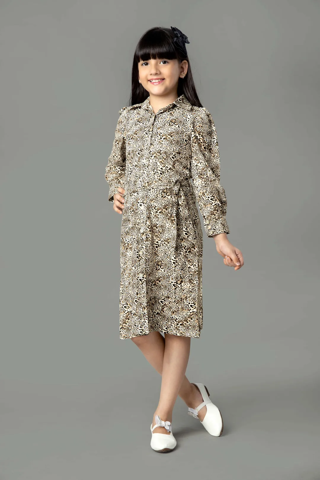 Leopard Print Wrap V Neck Dress For Girls