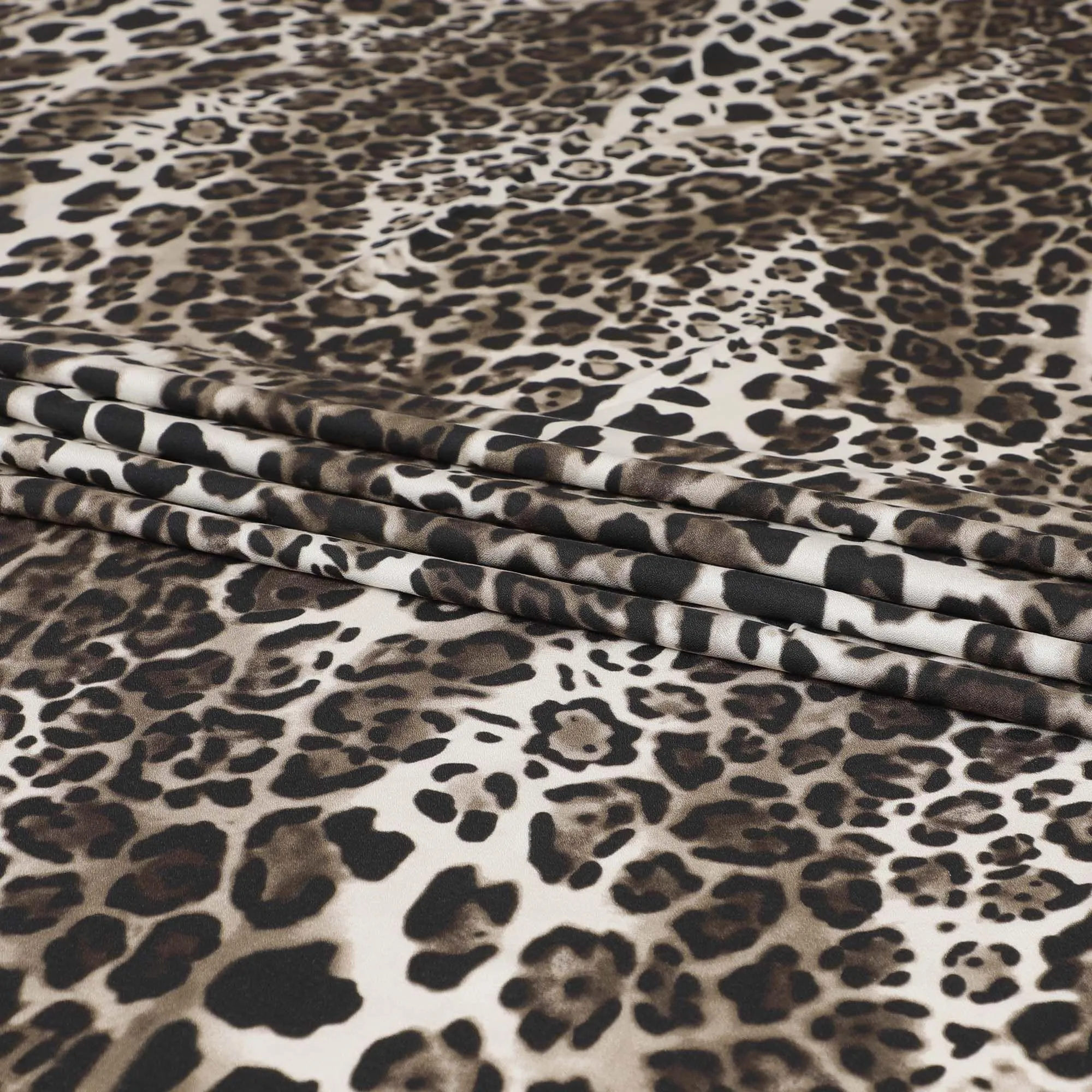 Light beige viscose crepe fabric with dark mustard and brown print in Animal skin design-D7058