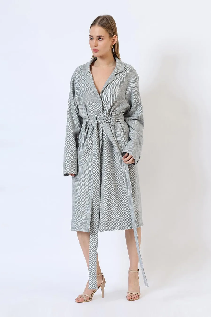 Light Blue & White Savannah Breeze Long Trench Coat