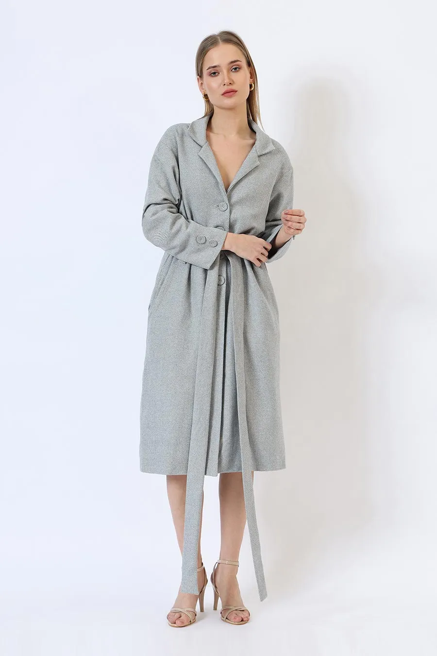 Light Blue & White Savannah Breeze Long Trench Coat