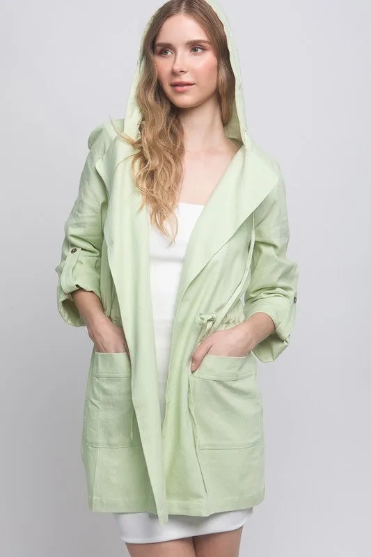 Light Green Open Front Hoodie Trench Linen Jacket