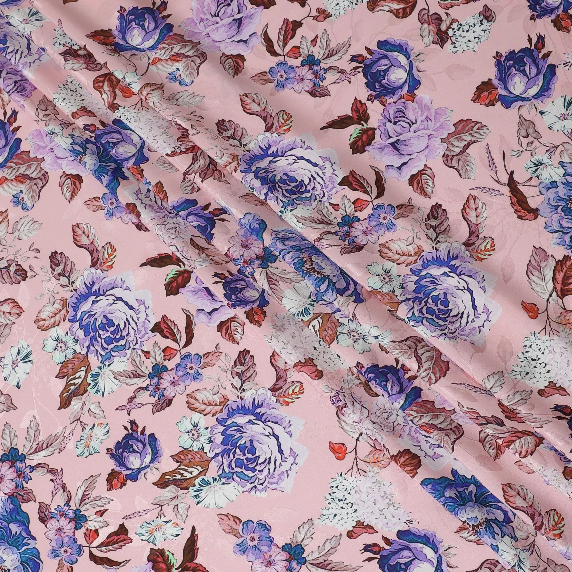 Light salmon pink premium pure Italian silk satin fabric with multicolor print in floral design-D13738