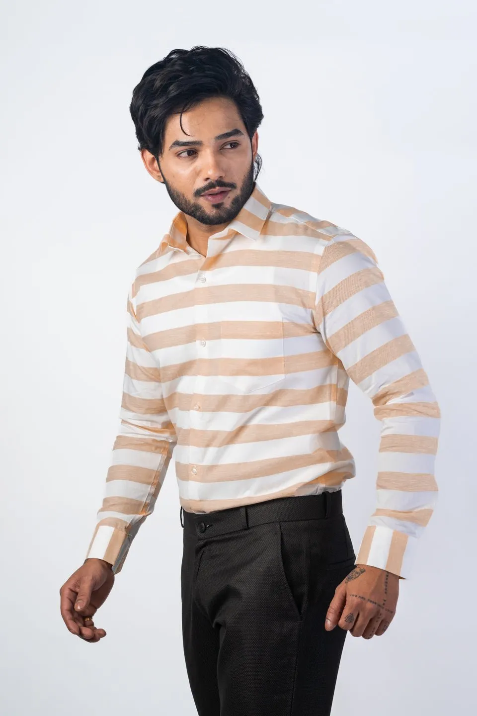 Light Tan Color Cotton Stripe Shirt For Men