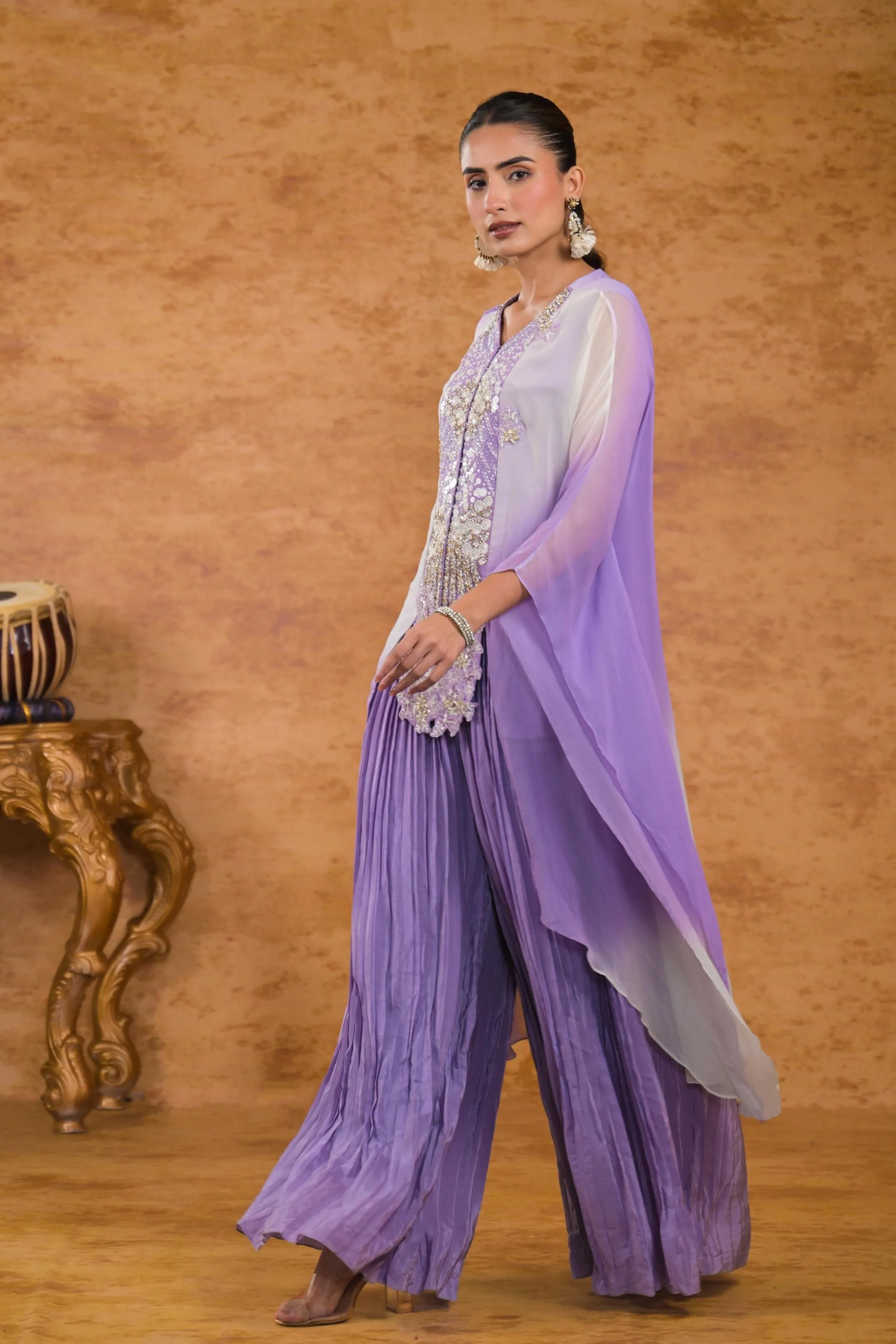 Lilac Ombre-Dyed Georgette Silk Tunic & Palazzo Set