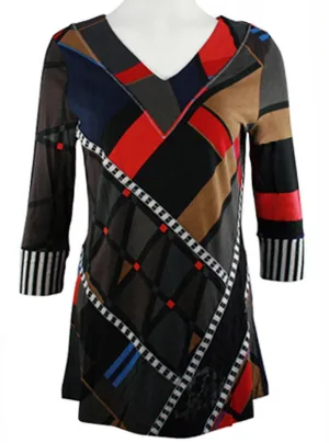 Lior Paris - Unpredictable Stripes, Geometric Pattern Tunic with V-Neck Collar