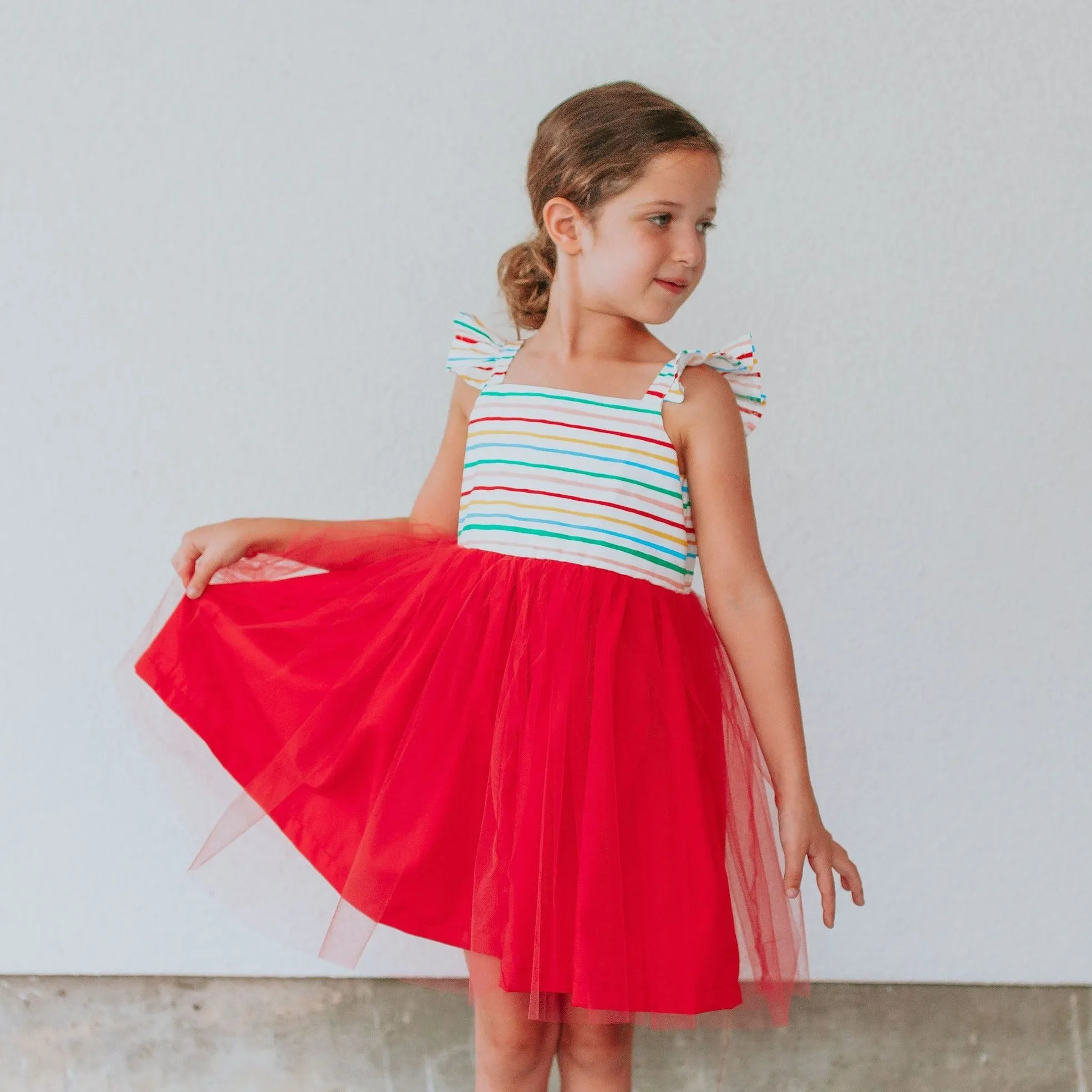 Little Girl's Rifle Paper Rainbow Stripe Cotton Dress with Tulle Skirt