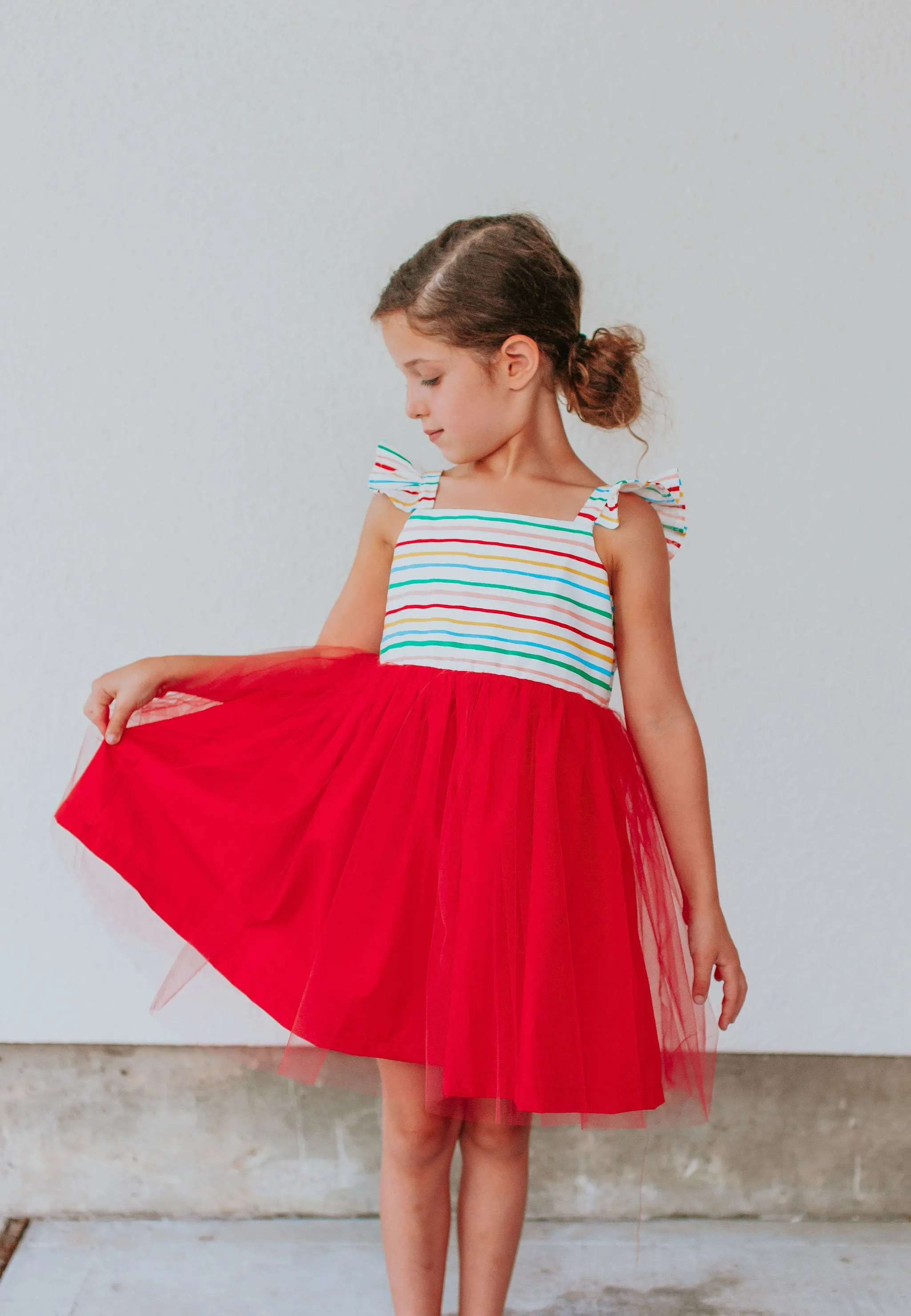 Little Girl's Rifle Paper Rainbow Stripe Cotton Dress with Tulle Skirt