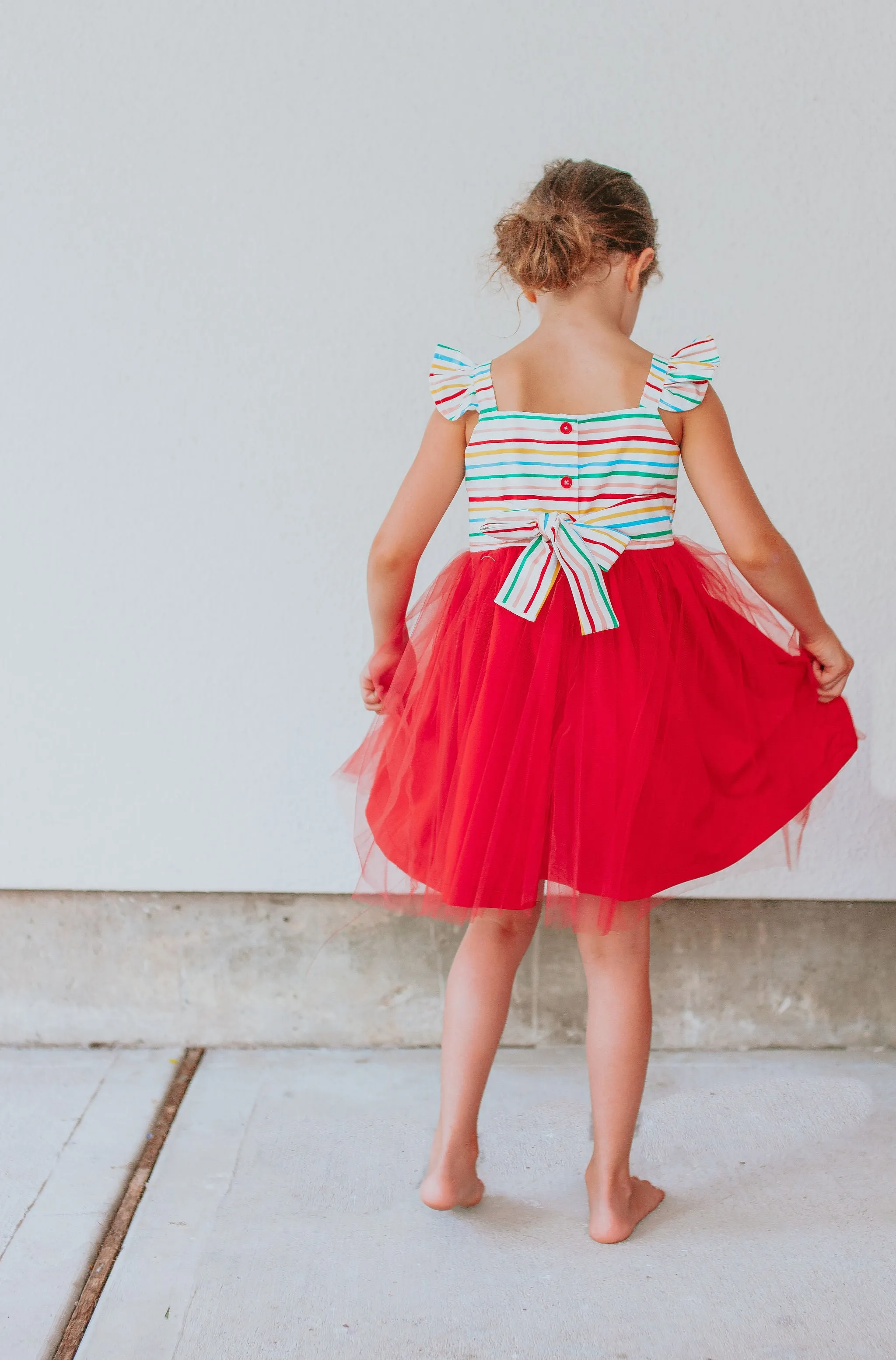 Little Girl's Rifle Paper Rainbow Stripe Cotton Dress with Tulle Skirt