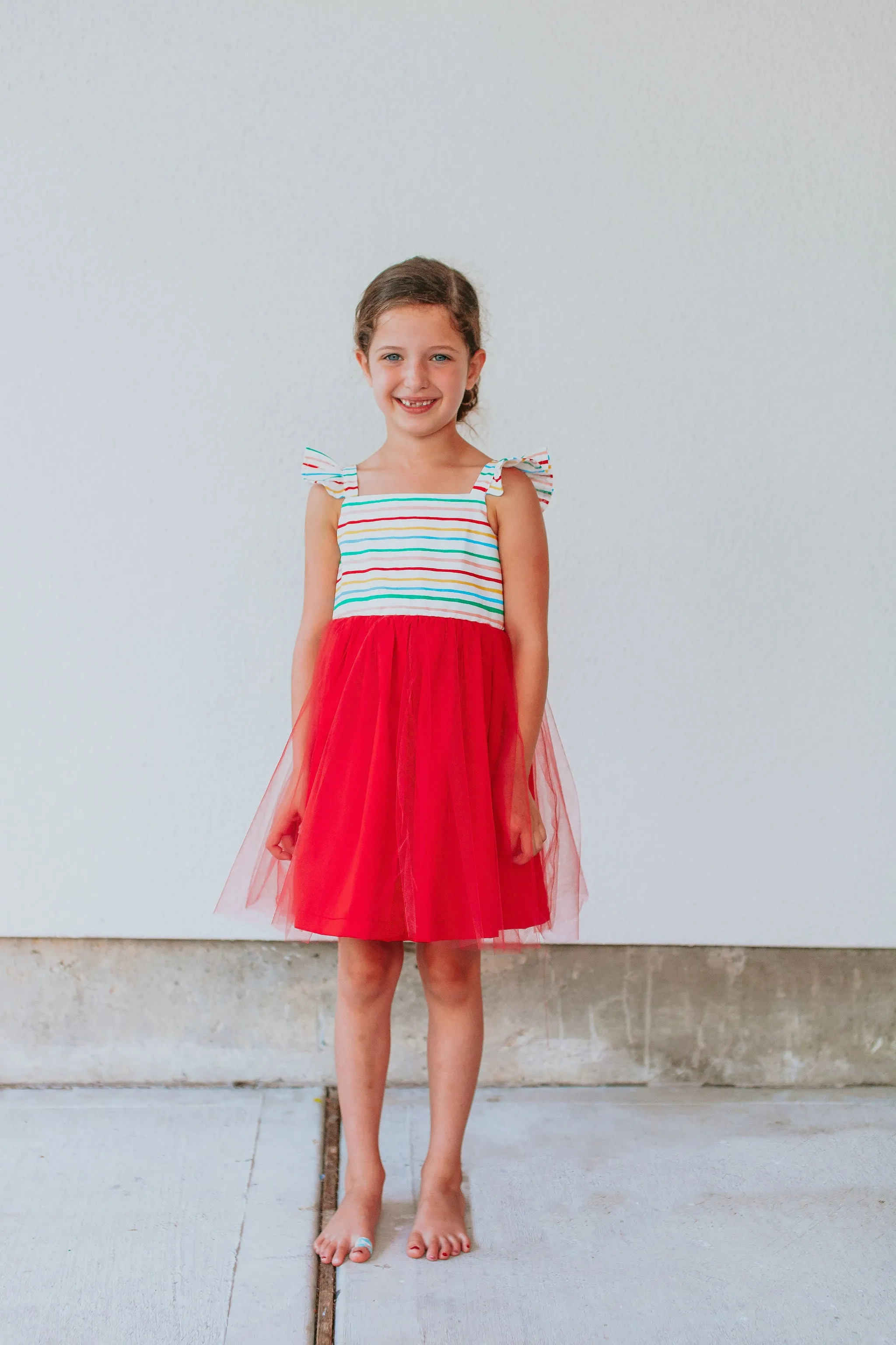 Little Girl's Rifle Paper Rainbow Stripe Cotton Dress with Tulle Skirt