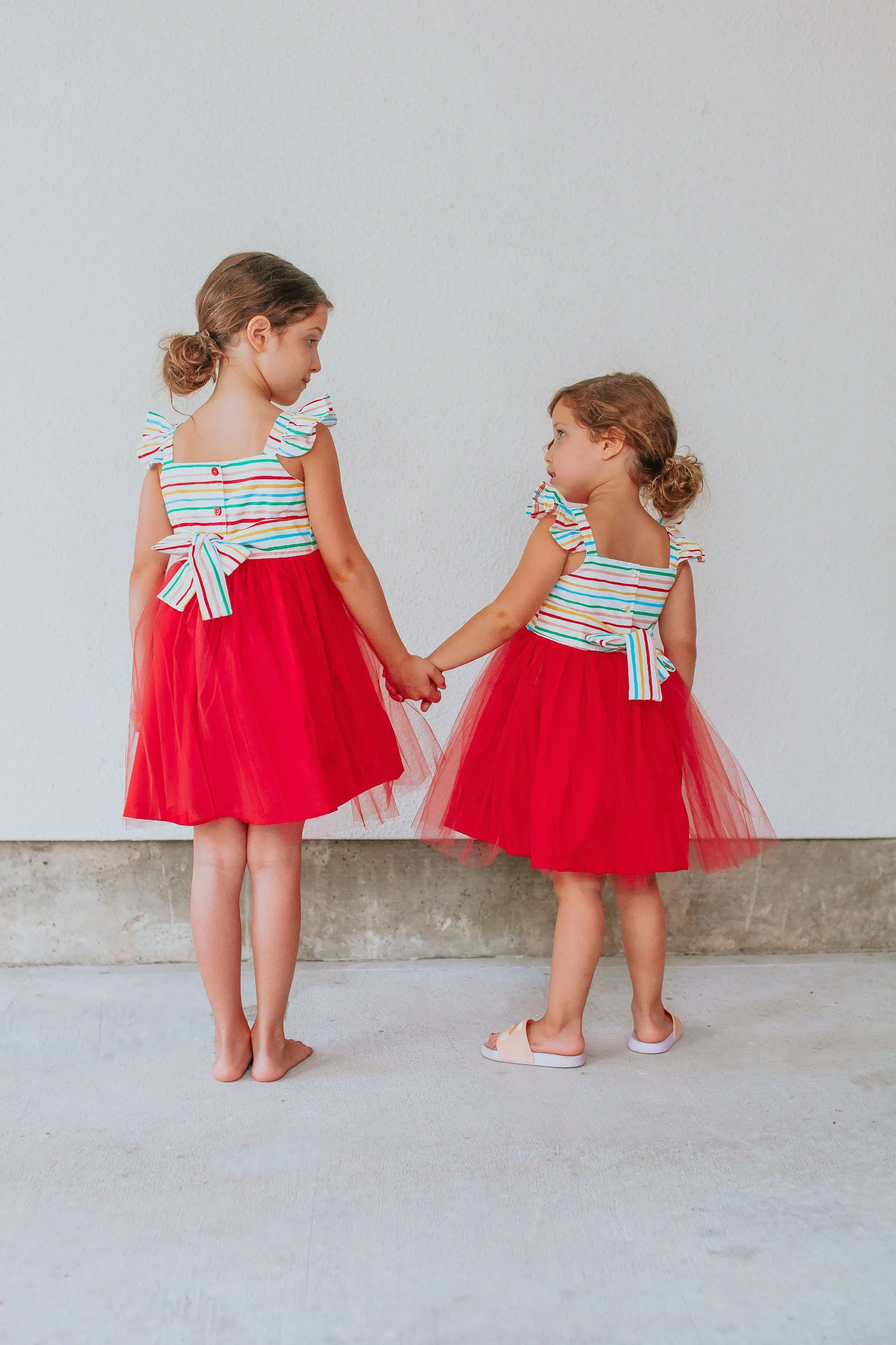 Little Girl's Rifle Paper Rainbow Stripe Cotton Dress with Tulle Skirt