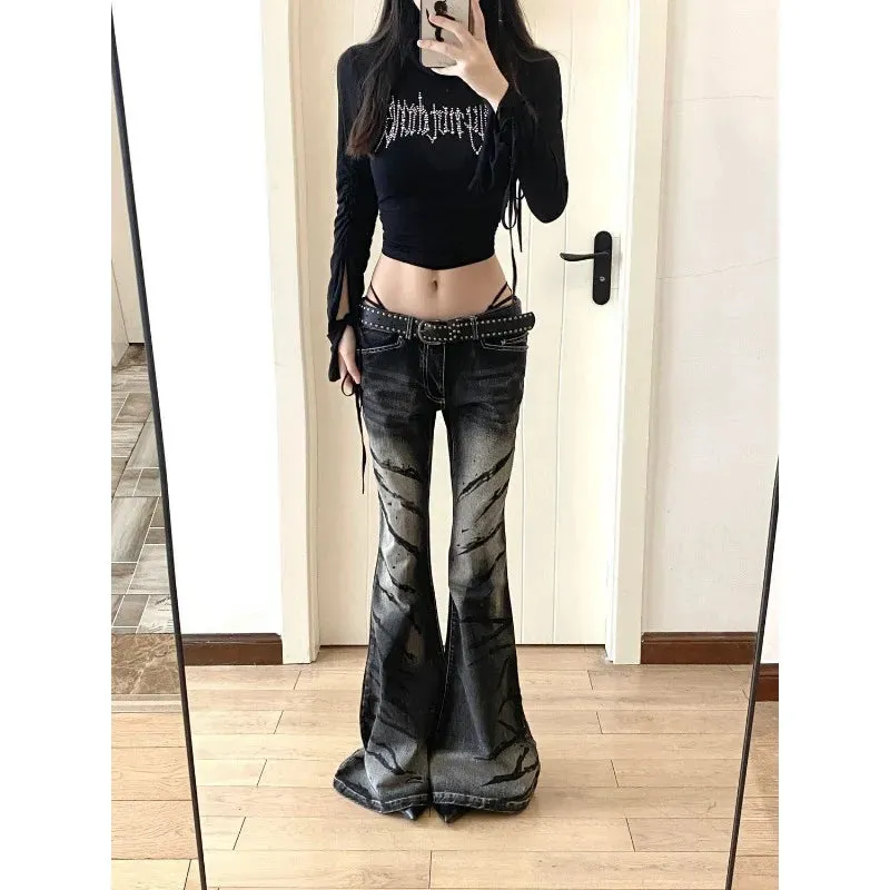 LVSANW American Y2K High-quality Washed Stripes Flared Jeans for Women Trendy Spicy Girl Slim Fit Drop Feeling Long Floor Mop Pants