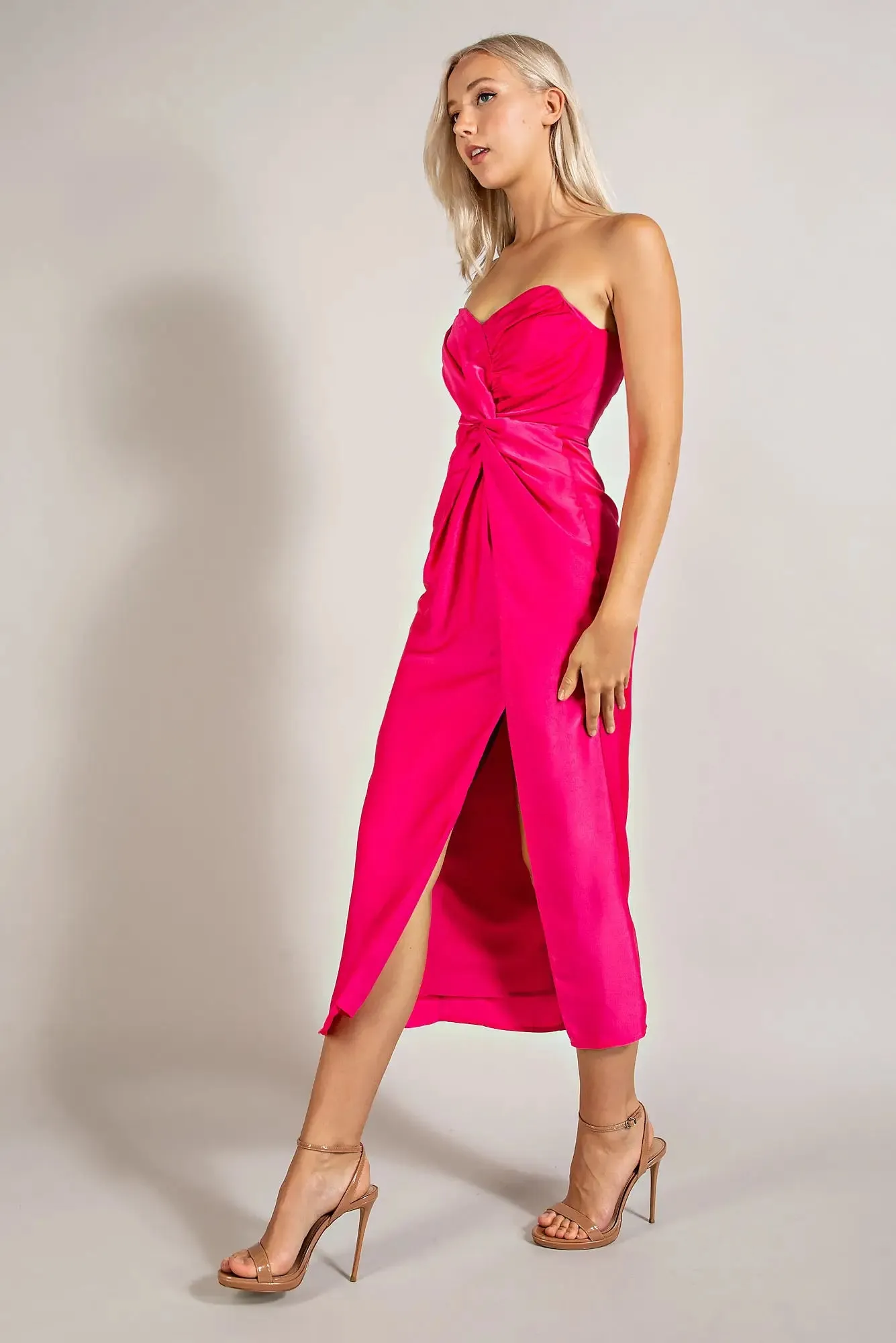 Magenta Satin Sweetheart Wrap Midi Dress