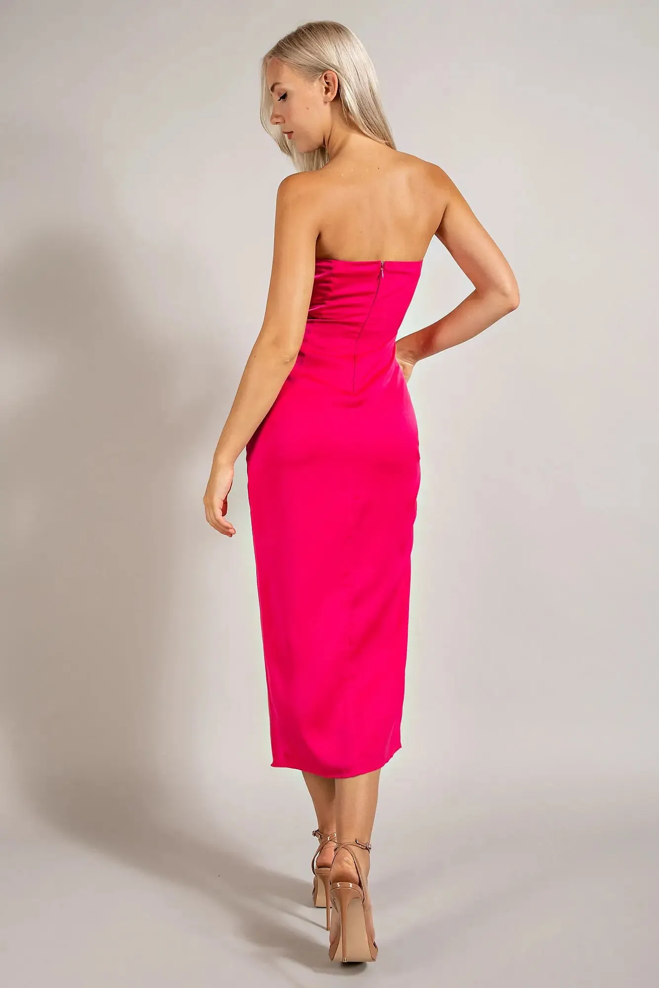 Magenta Satin Sweetheart Wrap Midi Dress