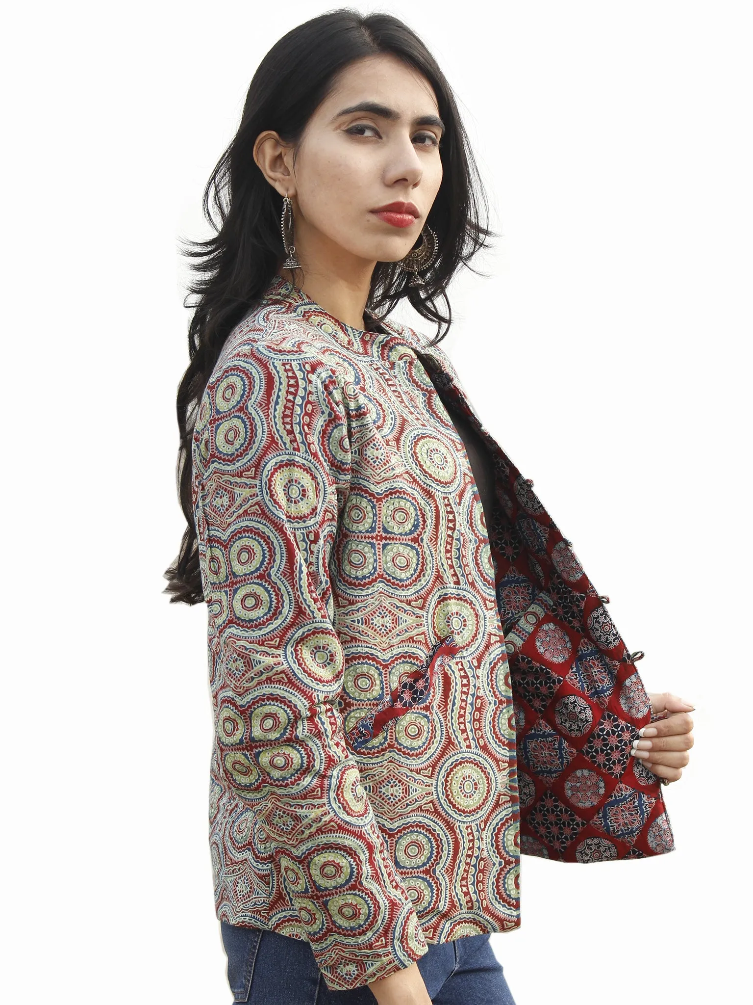 Maroon Green Indigo Ivory Hand Block Printed Reversible Quilted Jacket with Stand Collar - J04F681