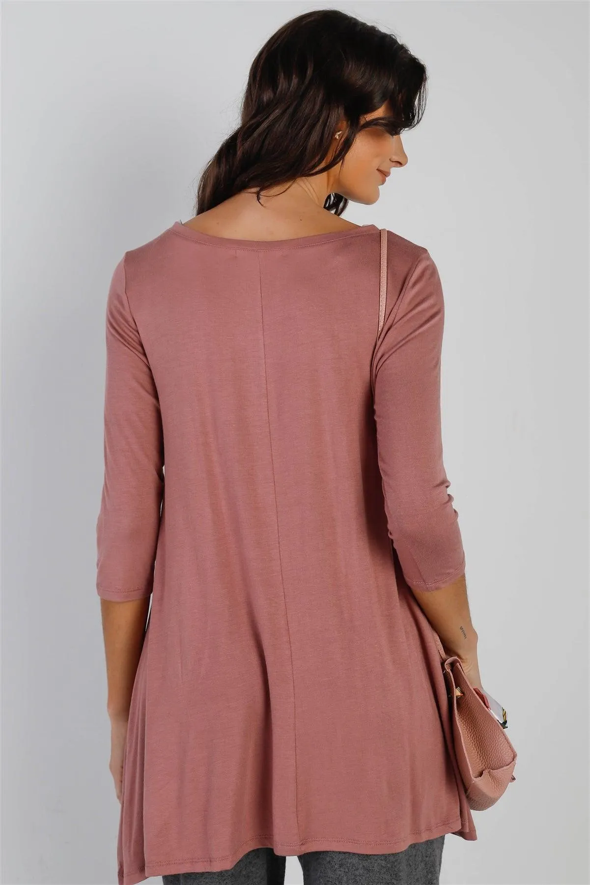 Mauve Button Up Detail Midi Sleeve Relaxed Fit Tunic Top /1-2-2-1