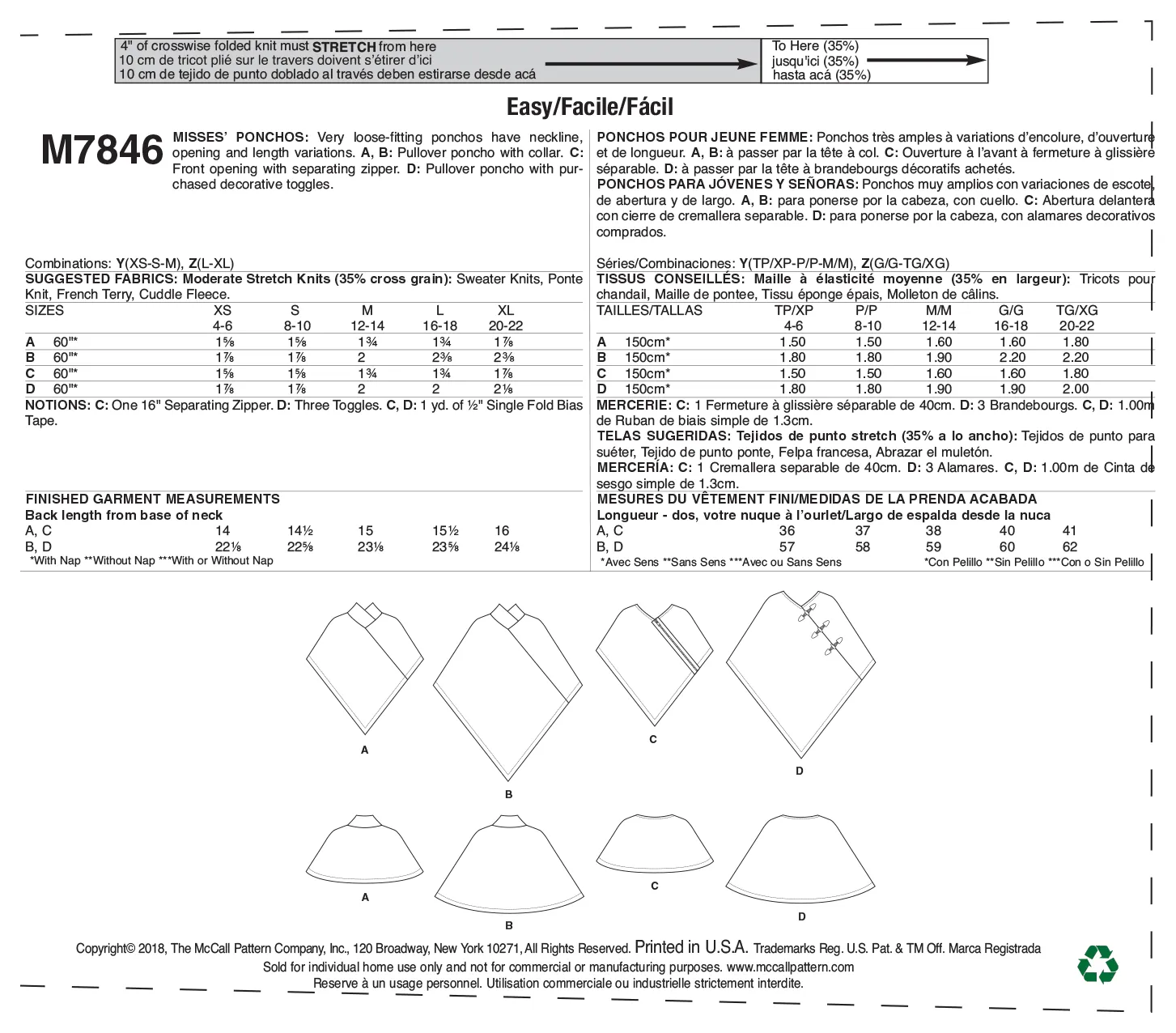 McCall's Pattern M7846 Misses' Ponchos