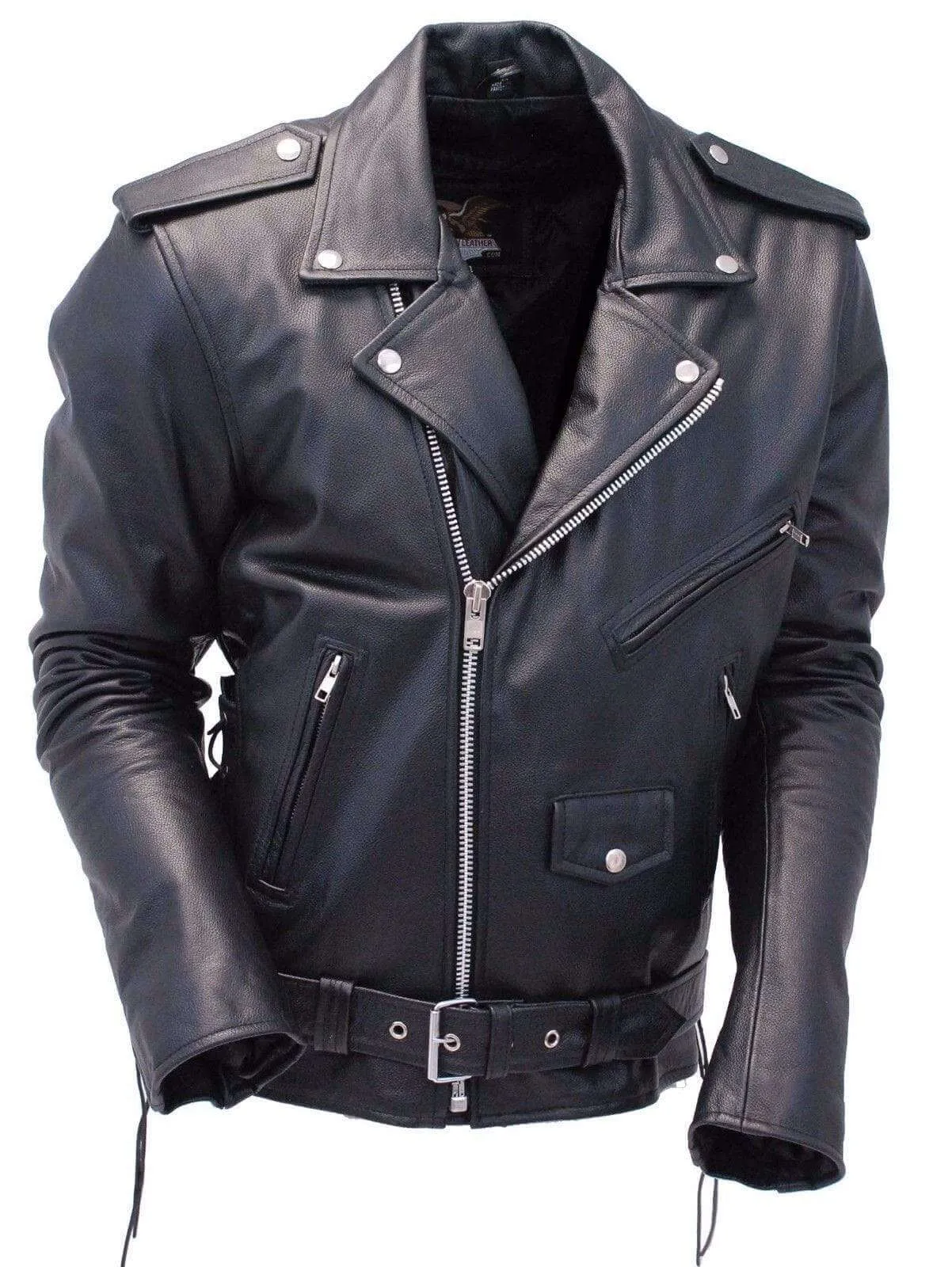 Men's Black Zipper Classical Real Leather Motorcycle Biker Jacket