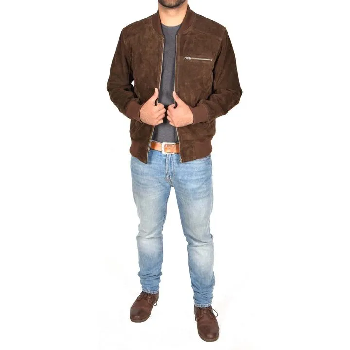 Men’s Chocolate Brown Suede Leather Bomber Jacket