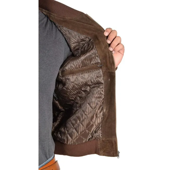 Men’s Chocolate Brown Suede Leather Bomber Jacket