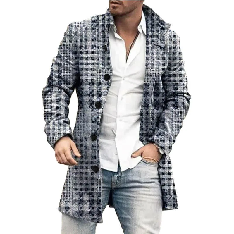 Men's Mid-Length Plaid Print Coat Casual Windbreaker 25732073YY