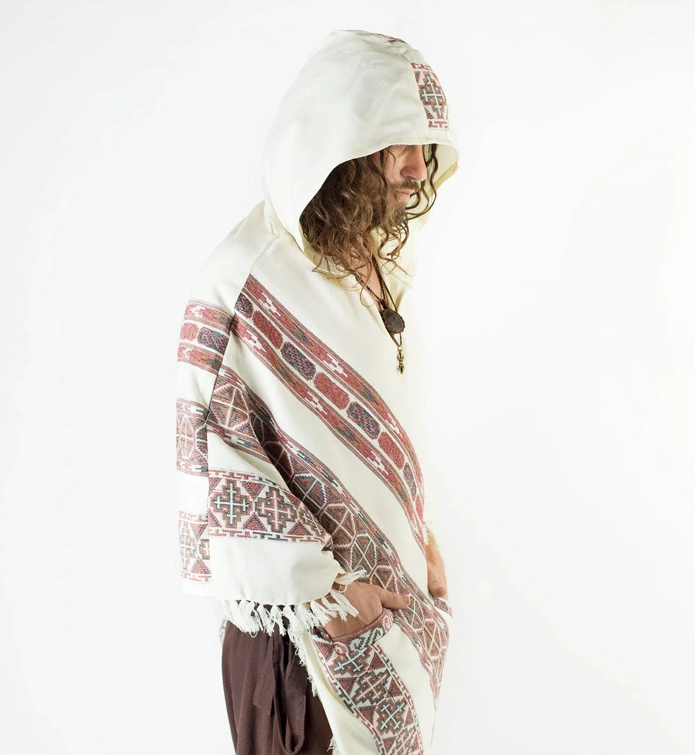 Mens Poncho Large Hood Yak Wool White Tribal Embroidery Celtic Patterns Gypsy Alternative Wild Festival Rave Mexican Primitive AJJAYA