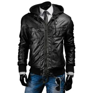 Mens Slim Fit Black Leather Jacket with Hood