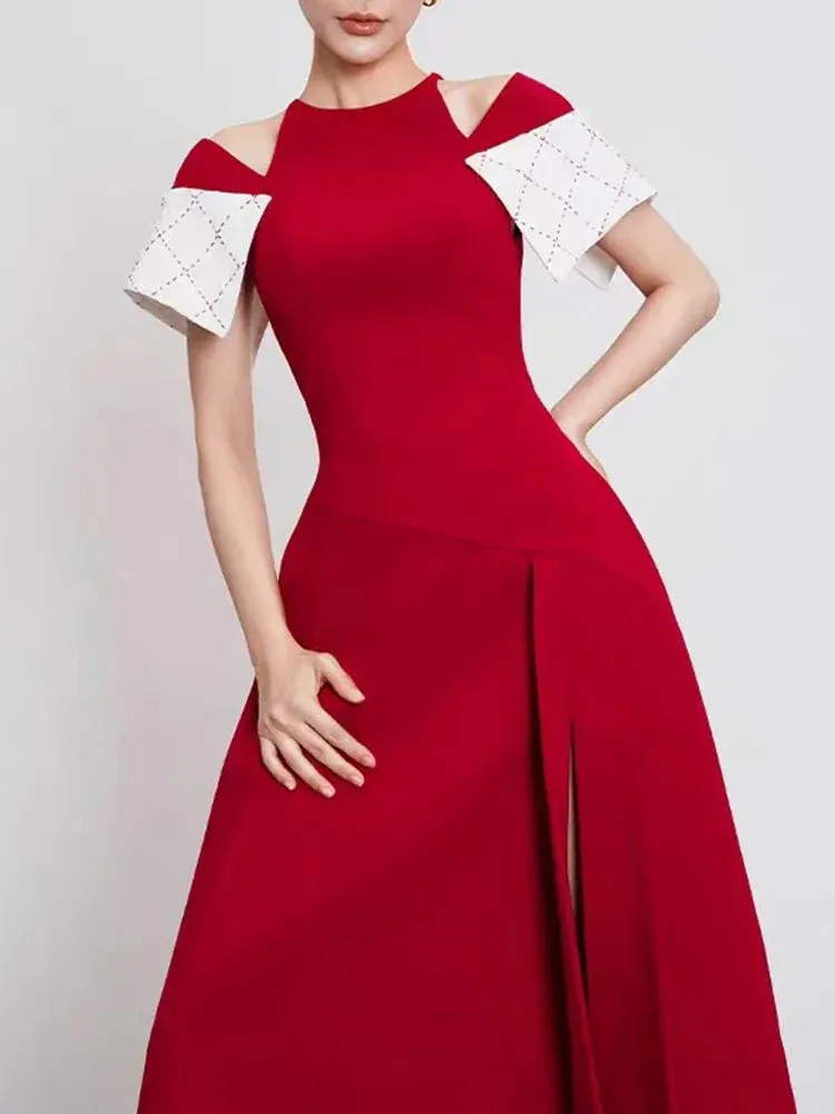 Metaversmall Hollow Out Hit Color Elegant Dresses For Women Round Neck Off The Shoulder Sleeve High Waist Temperament Long Dress Female