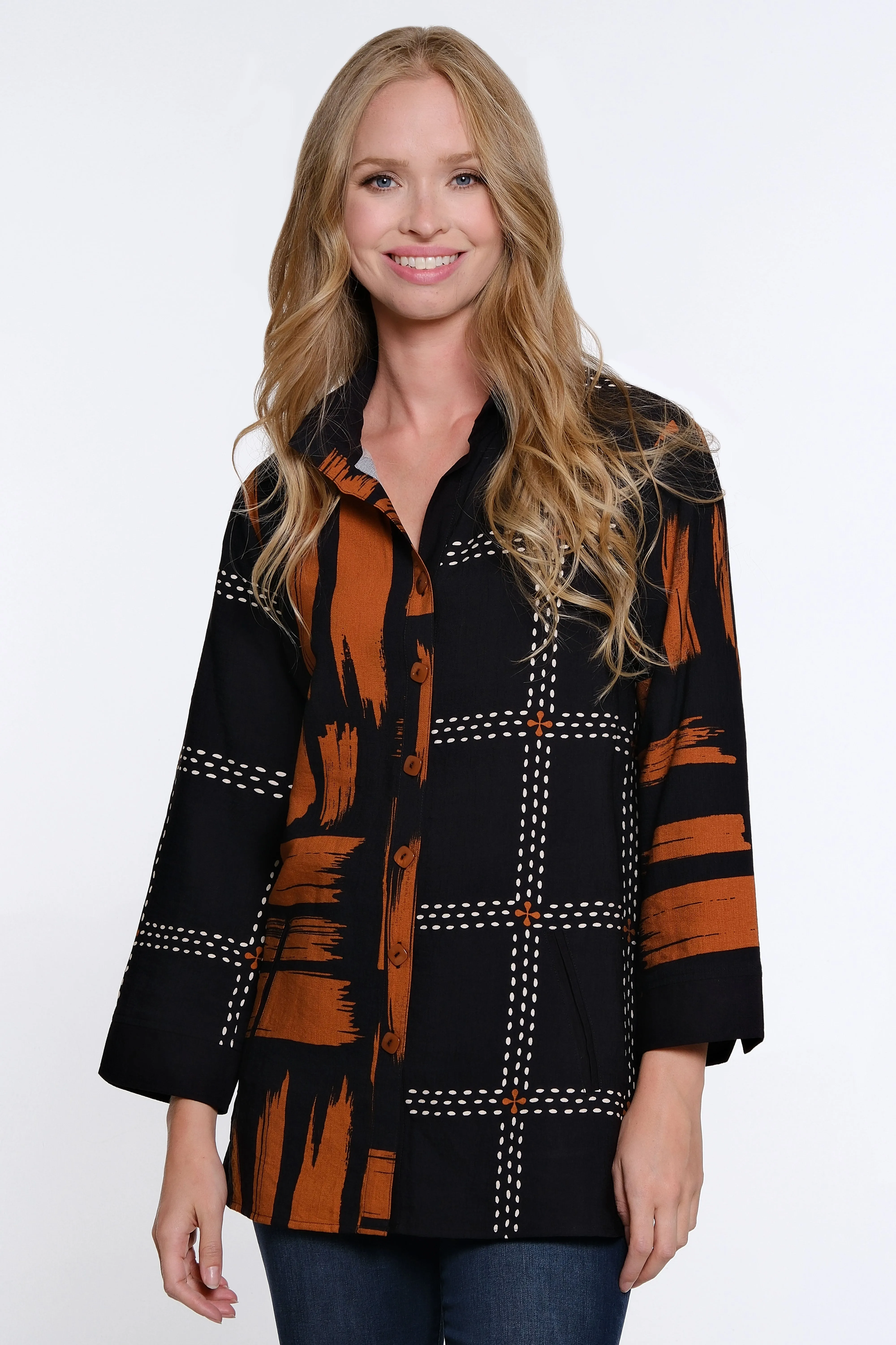 Mixed Print Woven Button Front Blouse - Black